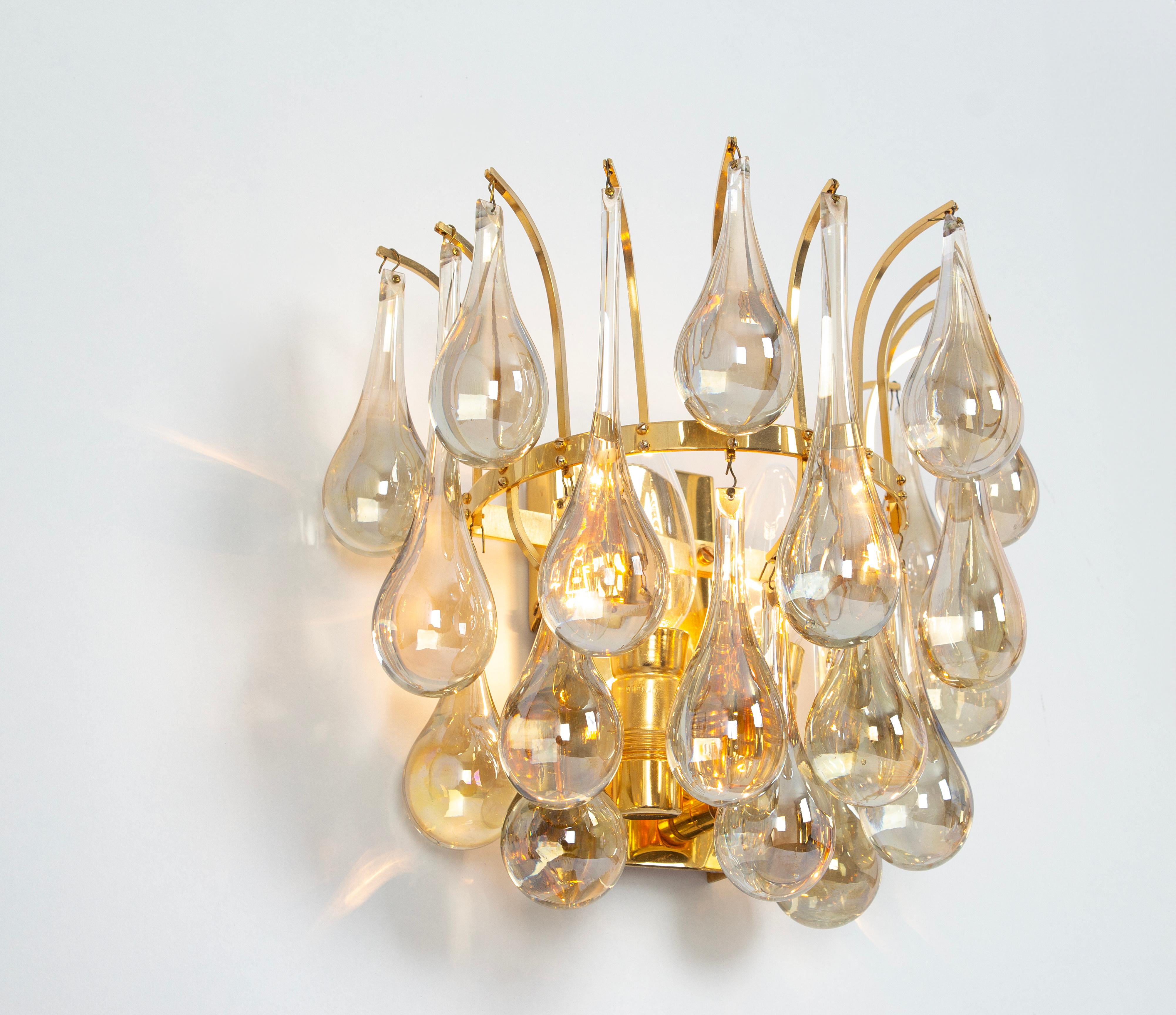 Large Pair of Golden Gilded Brass and Crystal Sconces by C.Palme, Germany, 1970s For Sale 2