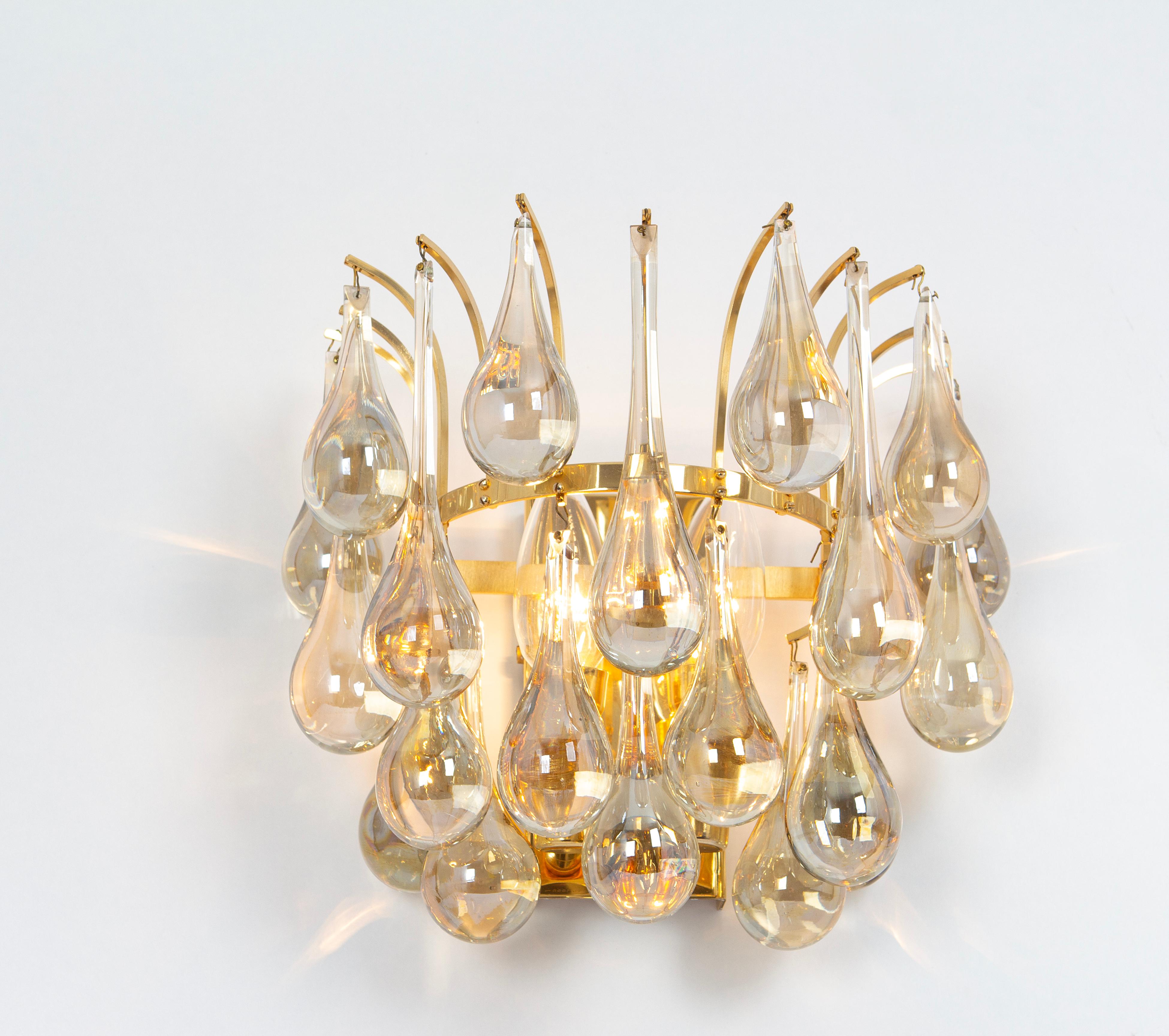 Large Pair of Golden Gilded Brass and Crystal Sconces by C.Palme, Germany, 1970s For Sale 3
