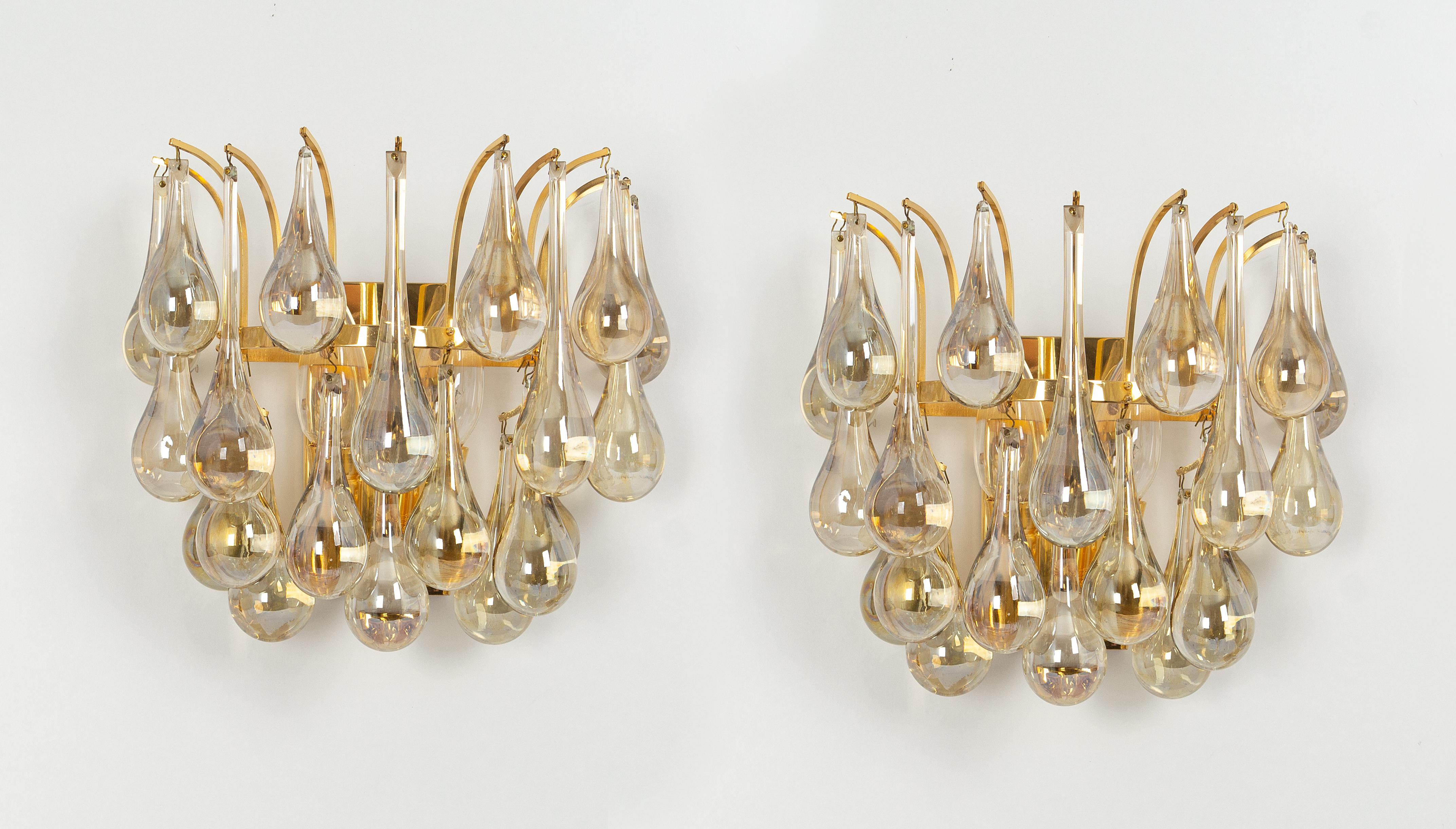 Large Pair of Golden Gilded Brass and Crystal Sconces by C.Palme, Germany, 1970s For Sale 4
