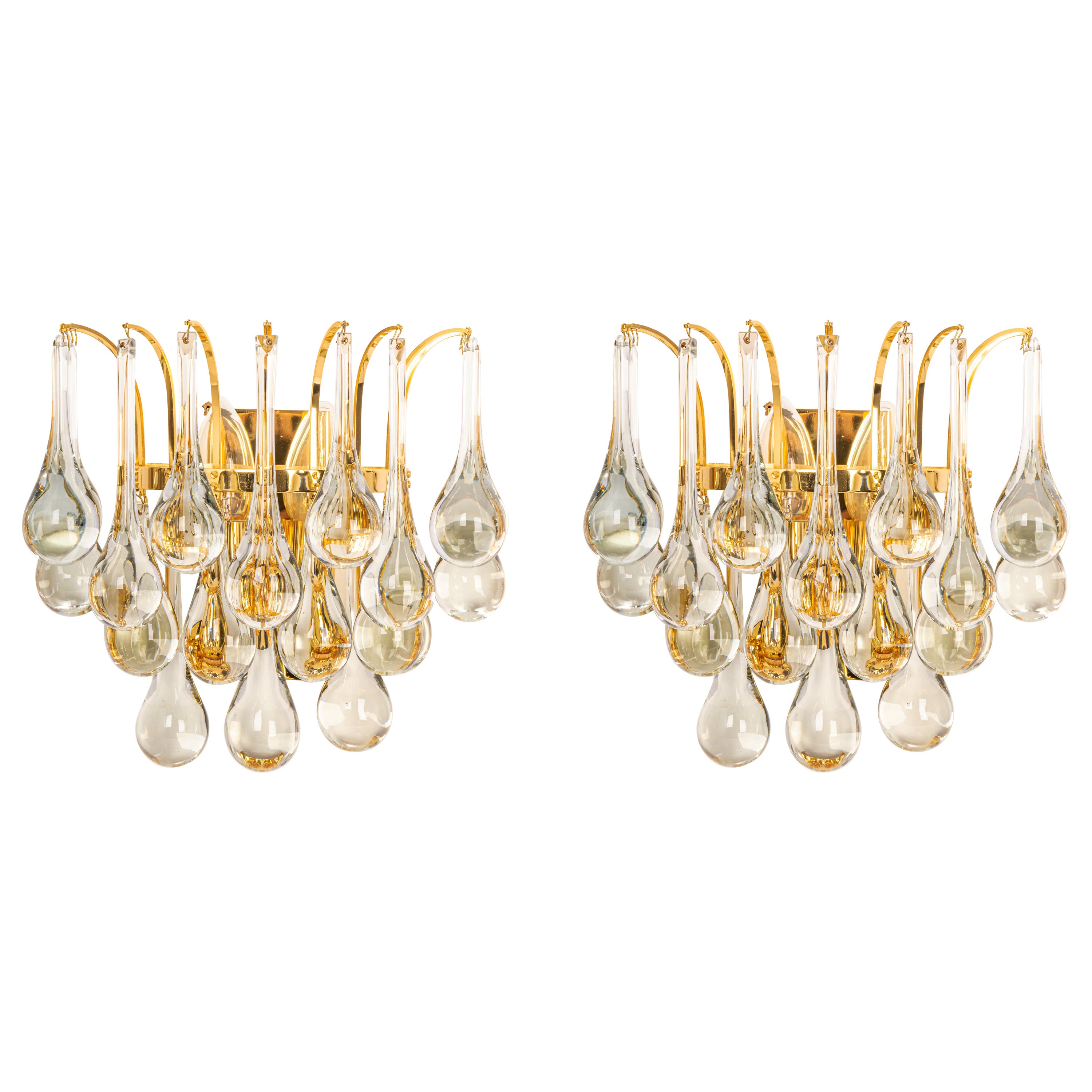 Grande paire d'appliques en laiton doré et cristal par C.Palme, Allemagne, 1970
