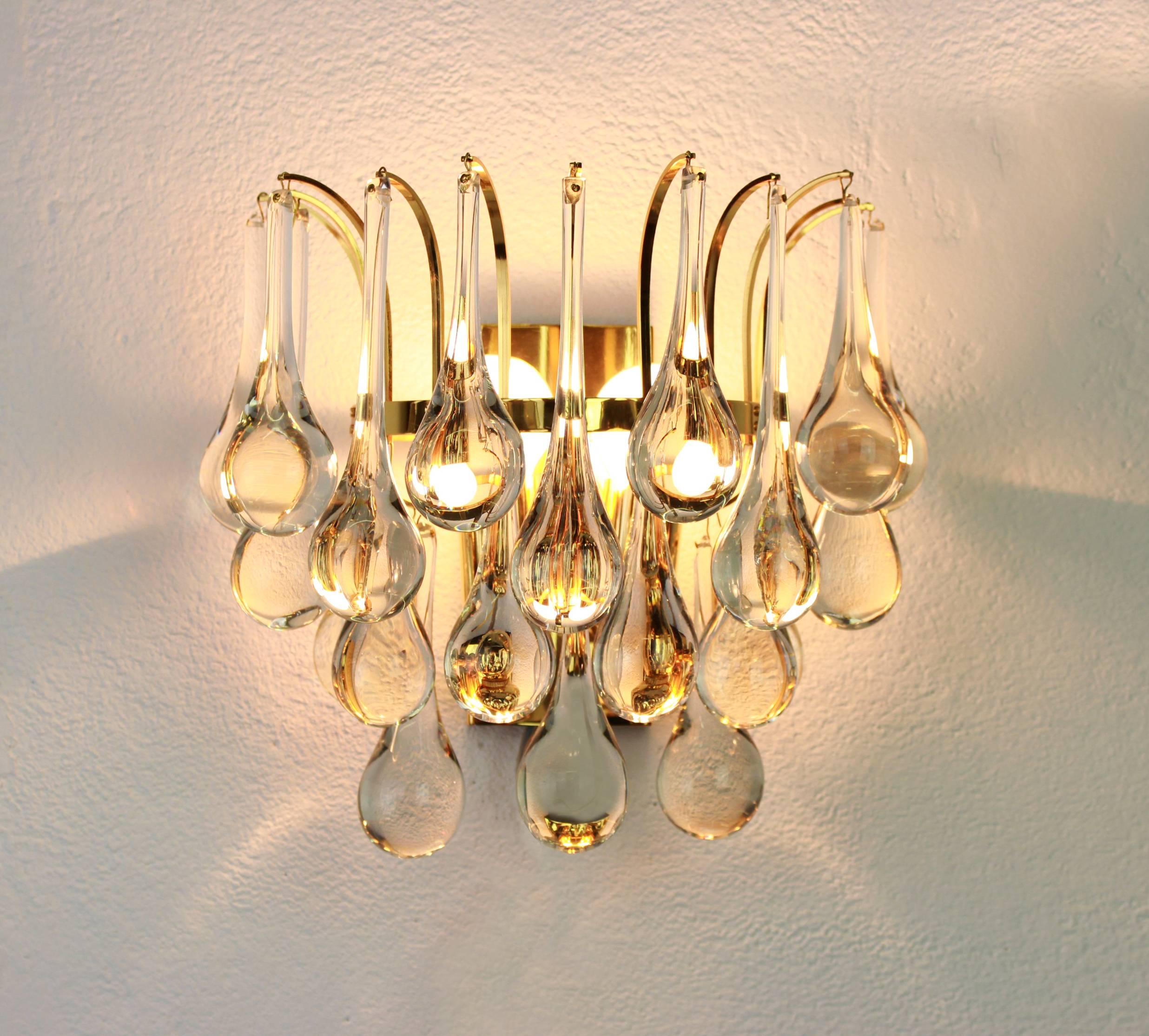 Mid-Century Modern Large Pair of Golden Gilded Brass and Crystal Sconces by Palwa, Germany, 1970s