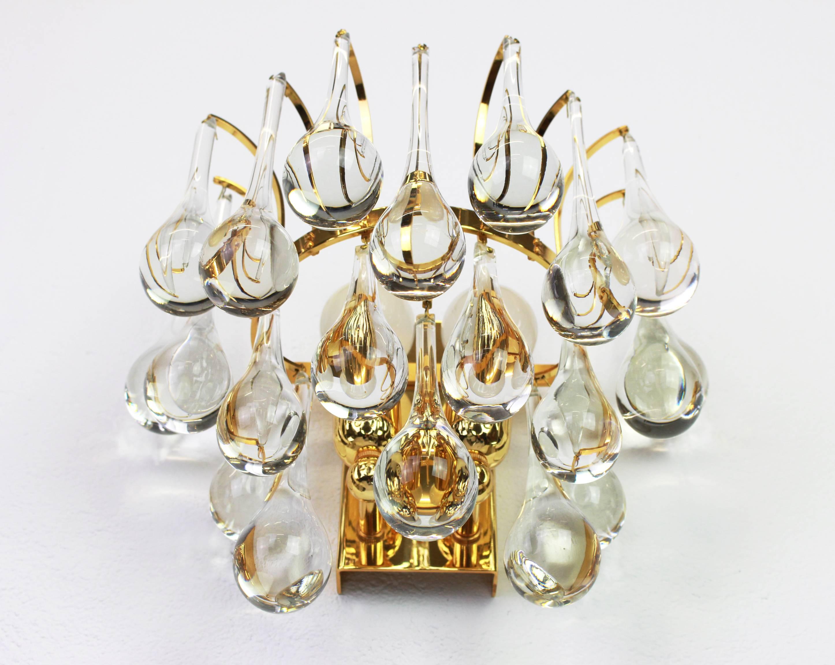 Large Pair of Golden Gilded Brass and Crystal Sconces by Palwa, Germany, 1970s In Good Condition For Sale In Aachen, NRW