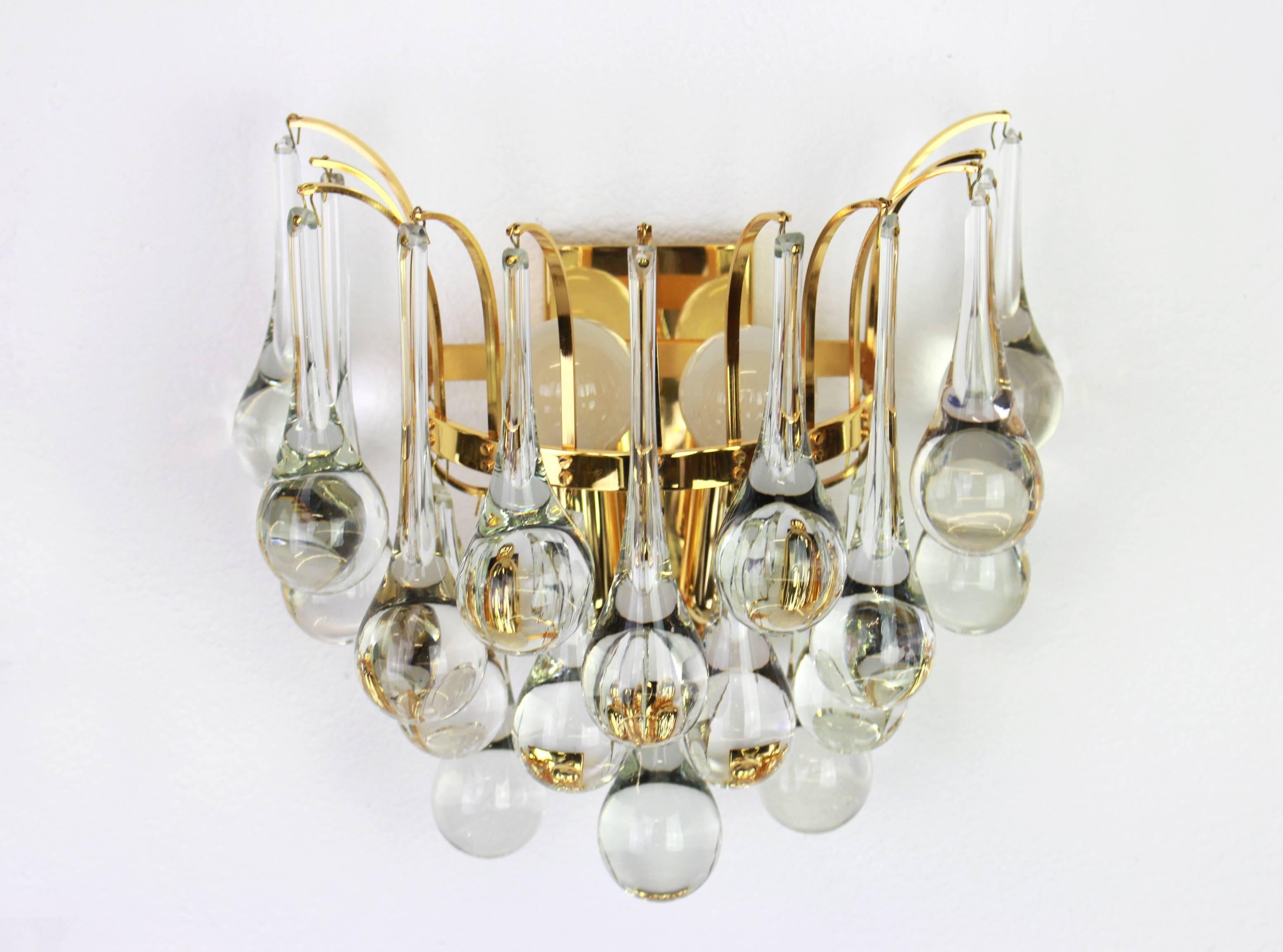 Late 20th Century Large Pair of Golden Gilded Brass and Crystal Sconces by Palwa, Germany, 1970s For Sale