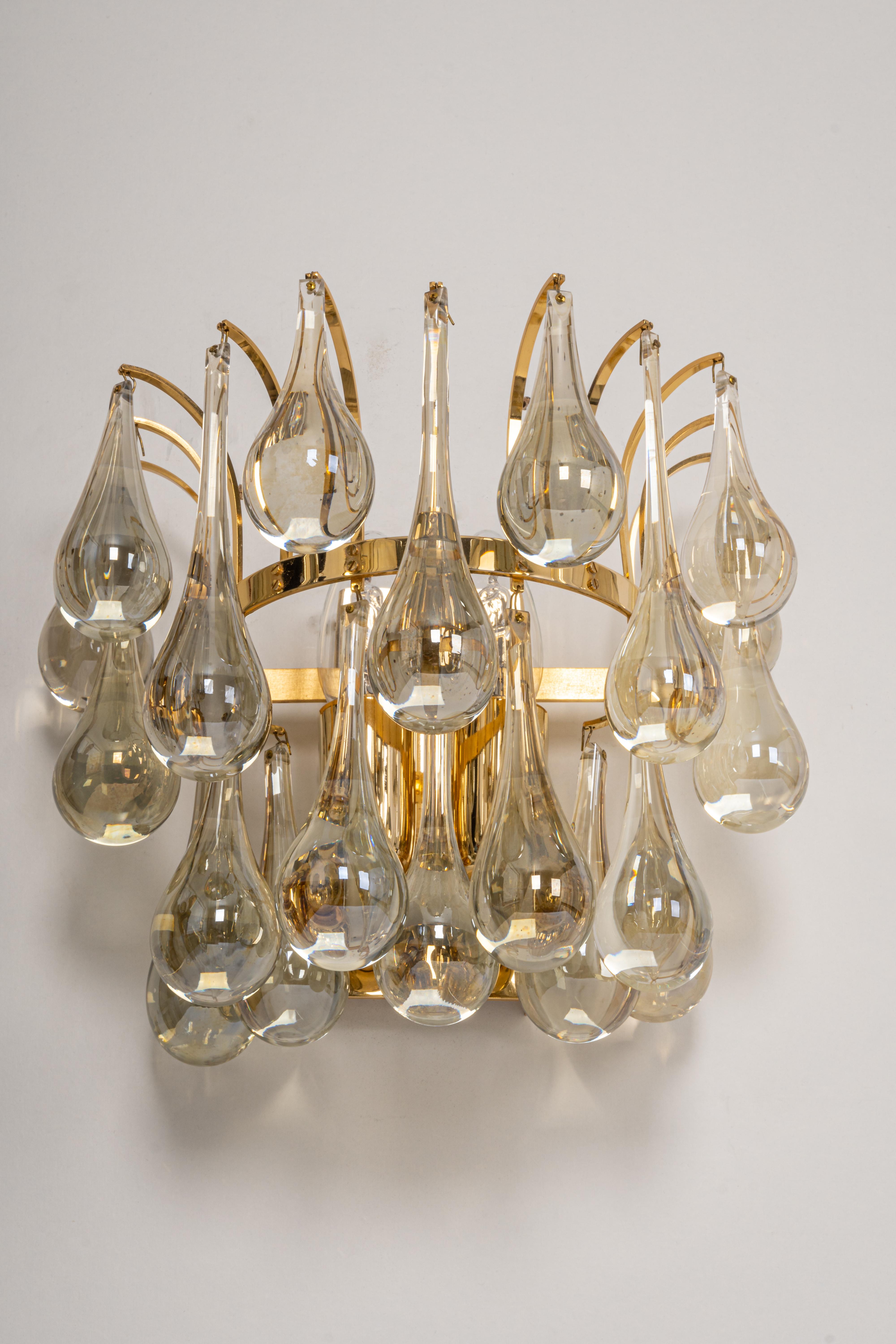 Large Pair of Golden Gilded Brass and Crystal Sconces by Palwa, Germany, 1970s For Sale 3