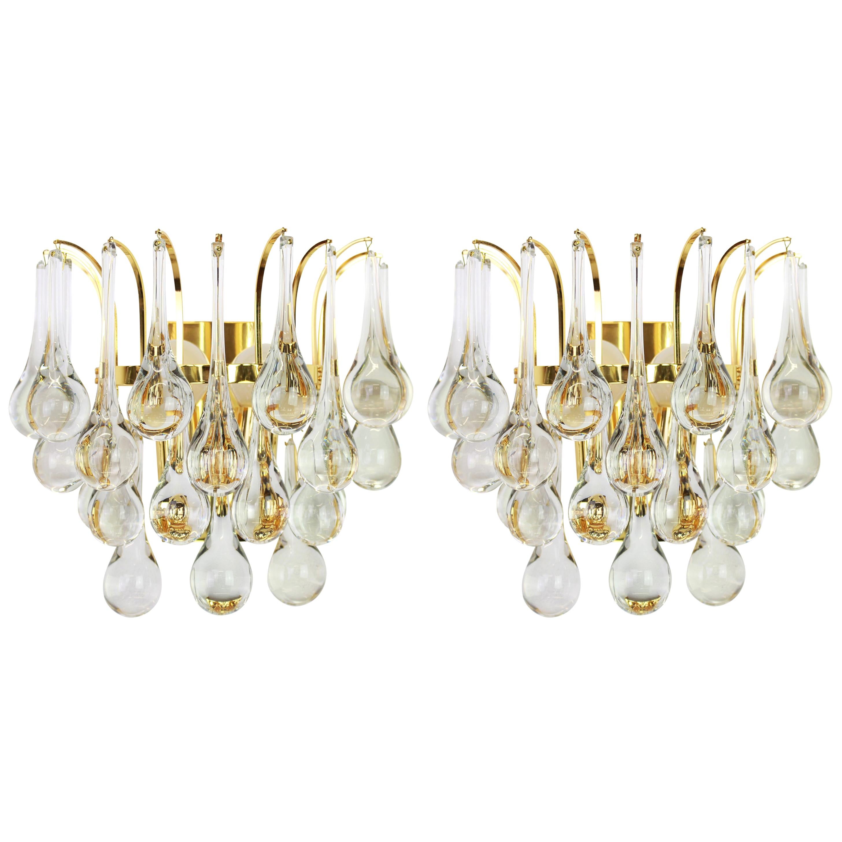 Large Pair of Golden Gilded Brass and Crystal Sconces by Palwa, Germany, 1970s