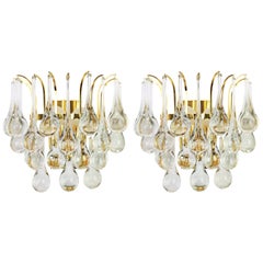 Large Pair of Golden Gilded Brass and Crystal Sconces by Palwa, Germany, 1970s