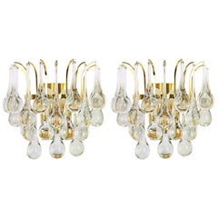 Large Pair of Golden Gilded Brass and Crystal Sconces by Palwa, Germany, 1970s