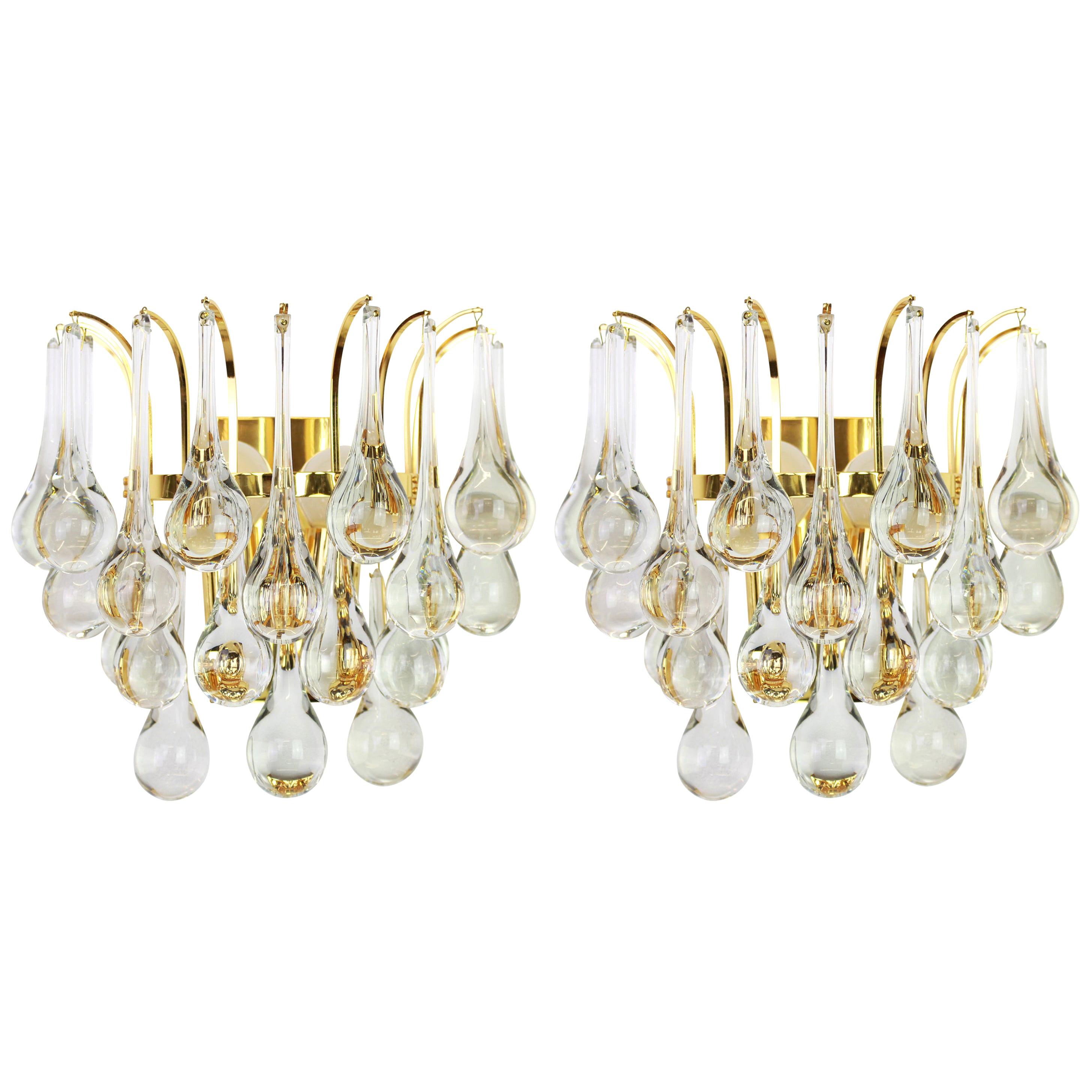 Large Pair of Golden Gilded Brass and Crystal Sconces by Palwa, Germany, 1970s For Sale