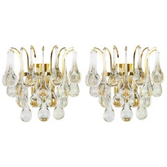 Vintage Large Pair of Golden Gilded Brass and Crystal Sconces by Palwa, Germany, 1970s