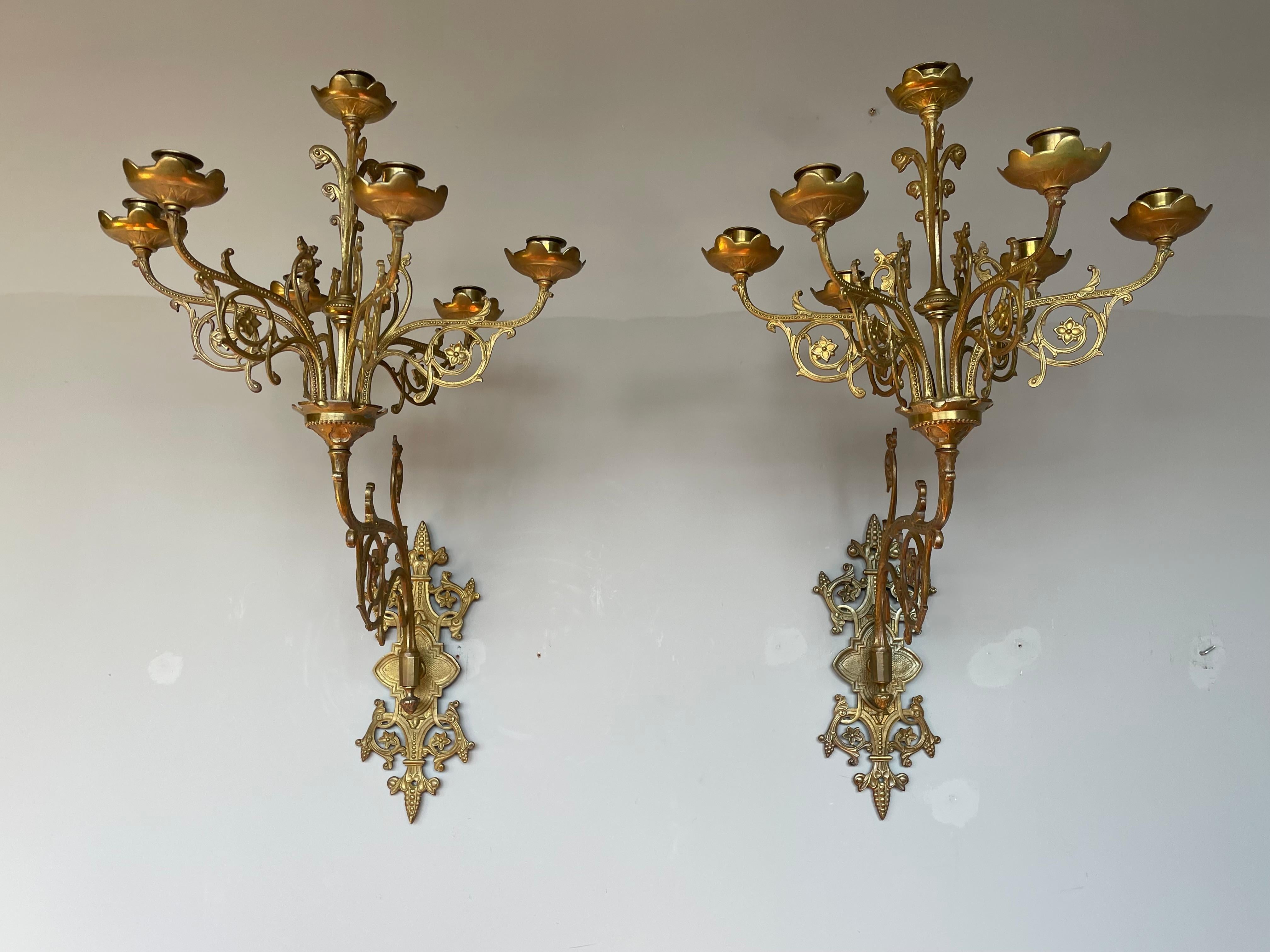 Large Pair of Gothic Revival Gilt Bronze Church Wall Candelabras Candle Sconces For Sale 3