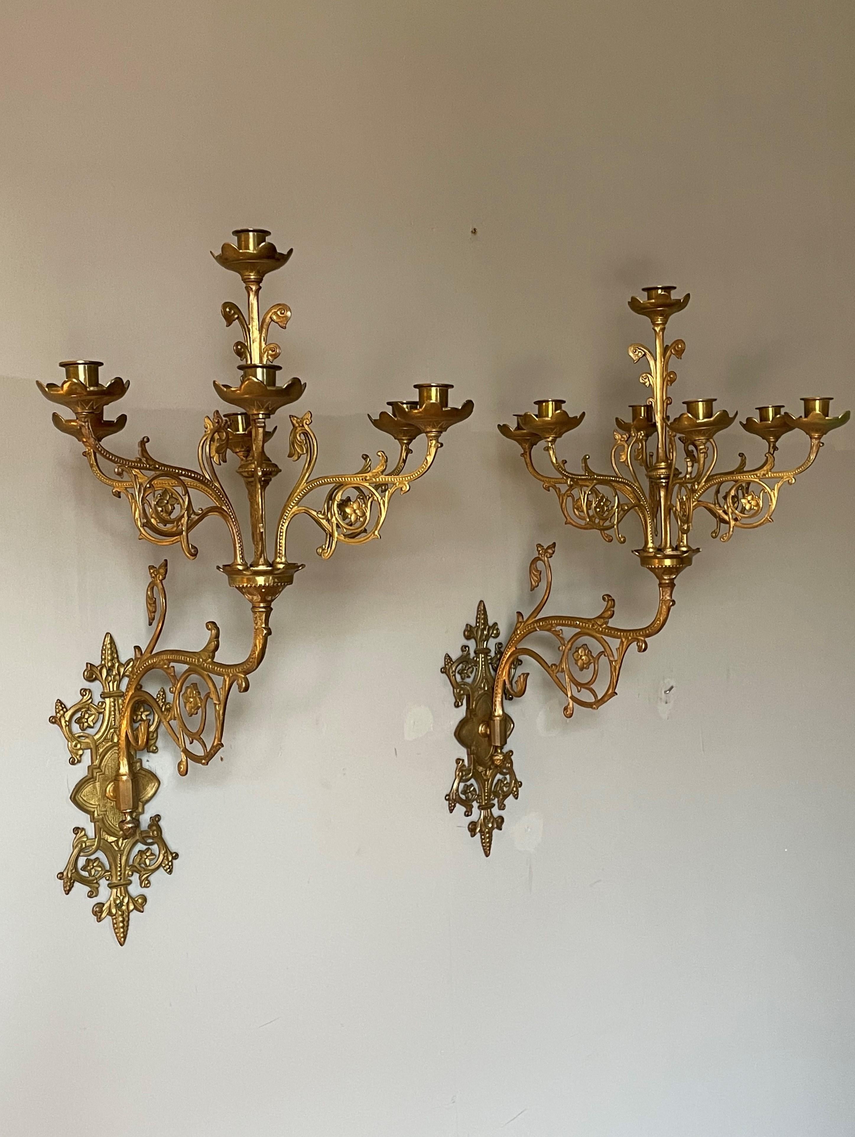Large Pair of Gothic Revival Gilt Bronze Church Wall Candelabras Candle Sconces For Sale 9
