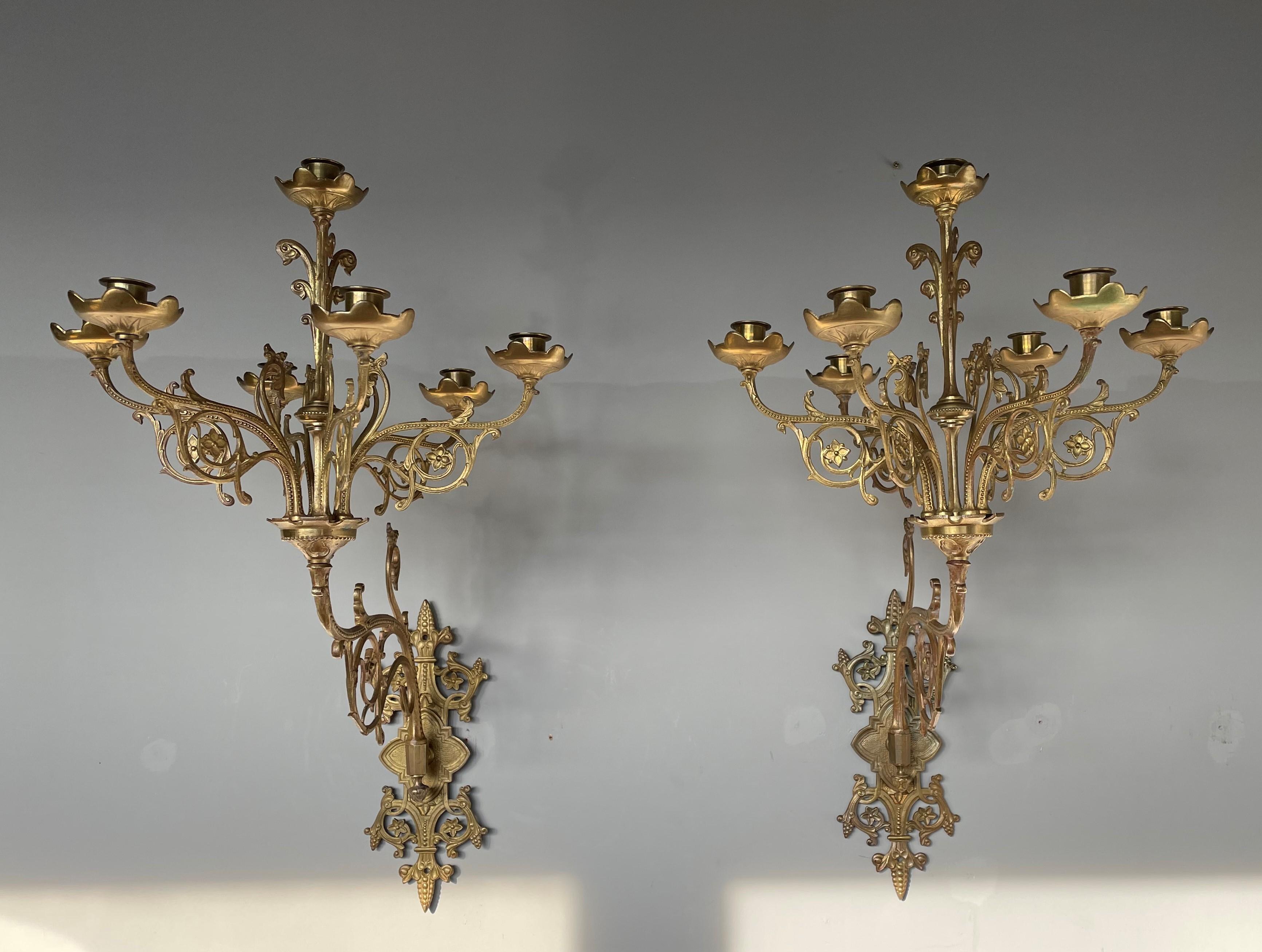 Large Pair of Gothic Revival Gilt Bronze Church Wall Candelabras Candle Sconces For Sale 11