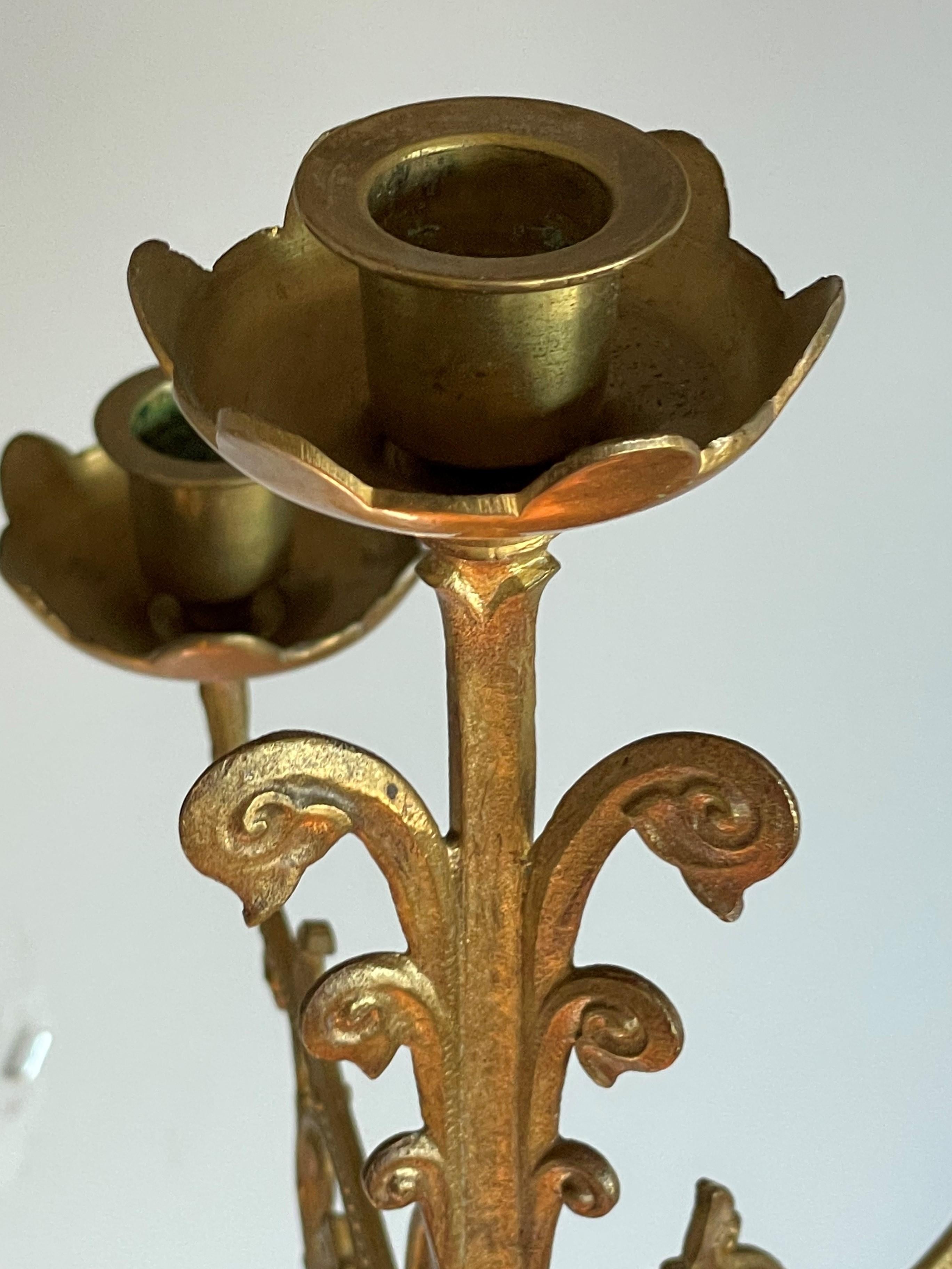 French Large Pair of Gothic Revival Gilt Bronze Church Wall Candelabras Candle Sconces For Sale