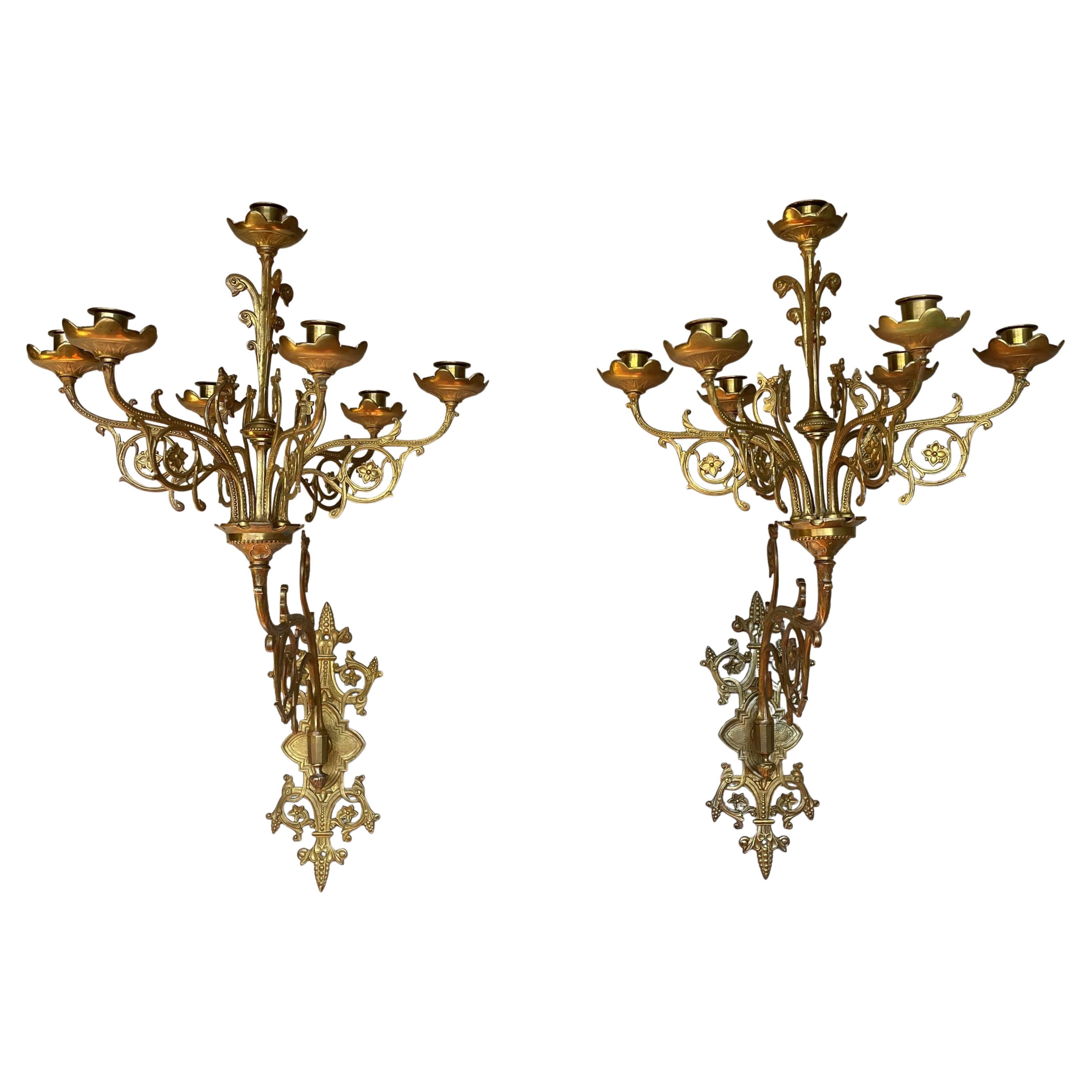 Large Pair of Gothic Revival Gilt Bronze Church Wall Candelabras Candle Sconces For Sale