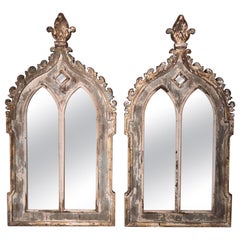 Antique Large Pair of Gothick Style Grey Painted Pier Mirrors