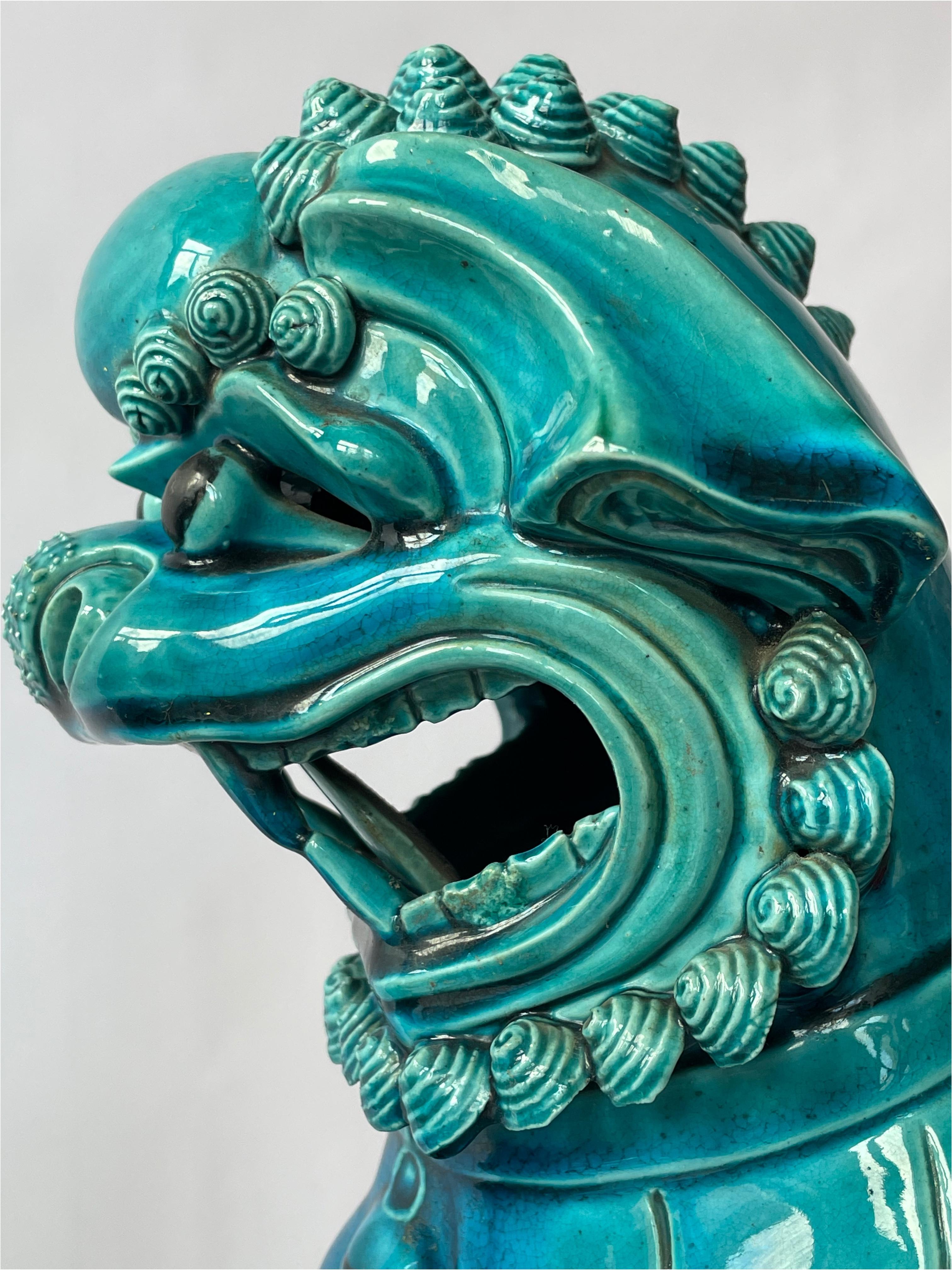 Large Pair of Graduated Turquoise Porcelain Foo Dogs. Chinese Circa 1880 For Sale 2