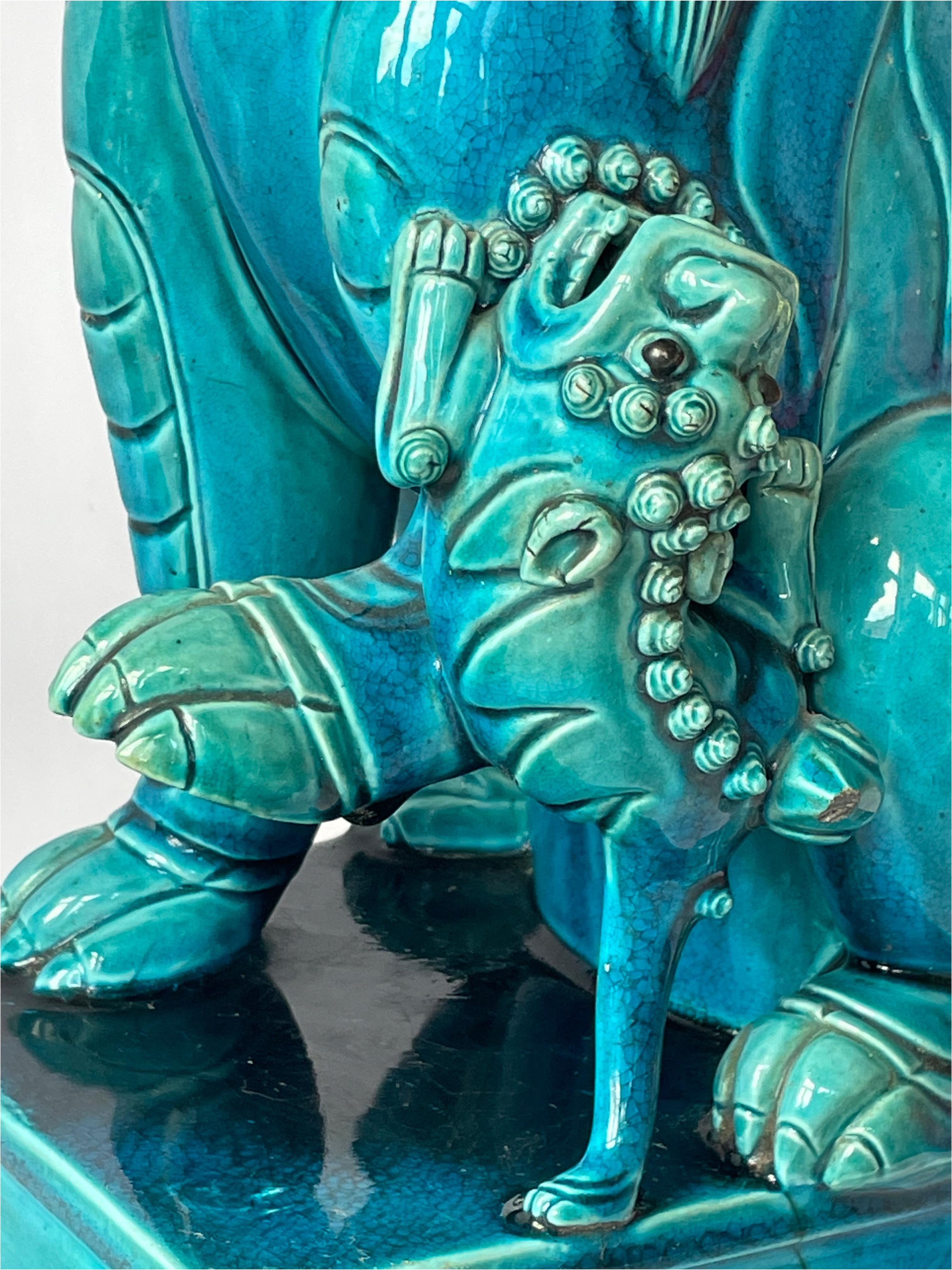 Large Pair of Graduated Turquoise Porcelain Foo Dogs. Chinese Circa 1880 For Sale 5