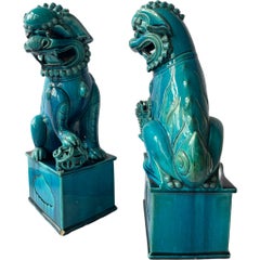 Large Pair of Graduated Turquoise Porcelain Foo Dogs. Chinese Circa 1880