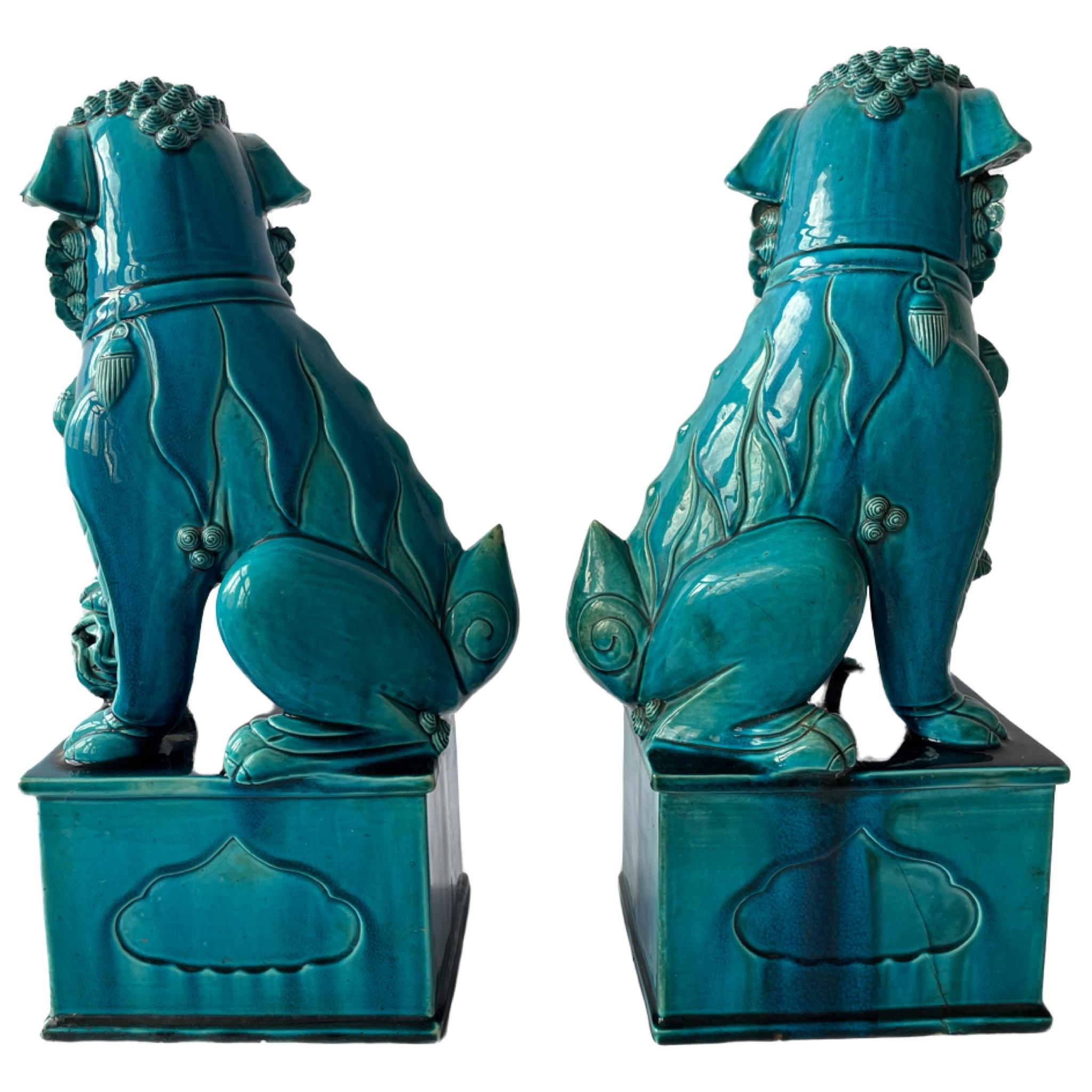 19th Century Large Pair of Graduated Turquoise Porcelain Foo Dogs. Chinese Circa 1880 For Sale