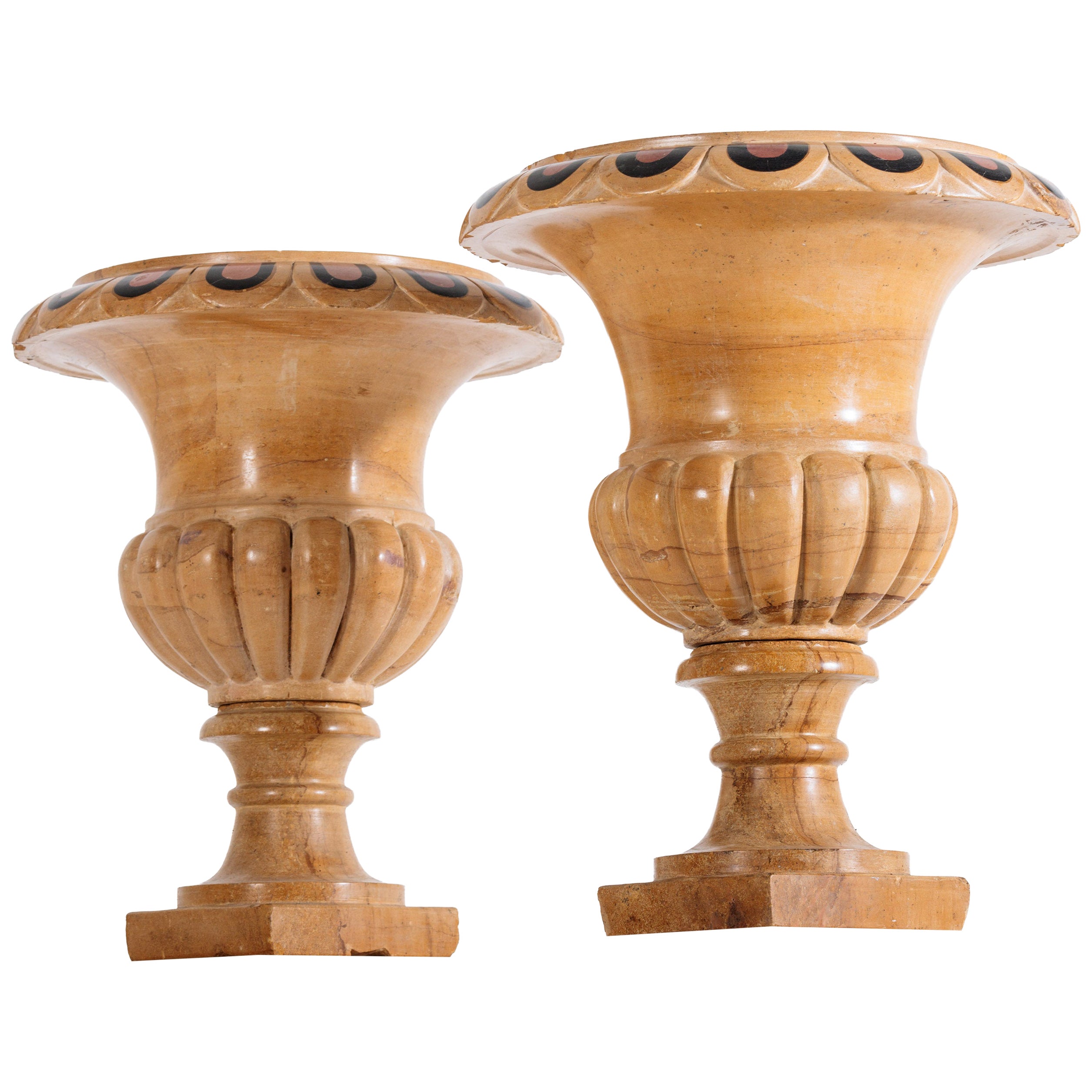 Pair of Late 19th Century Giallo Siena Marble Campana Urns, Italy