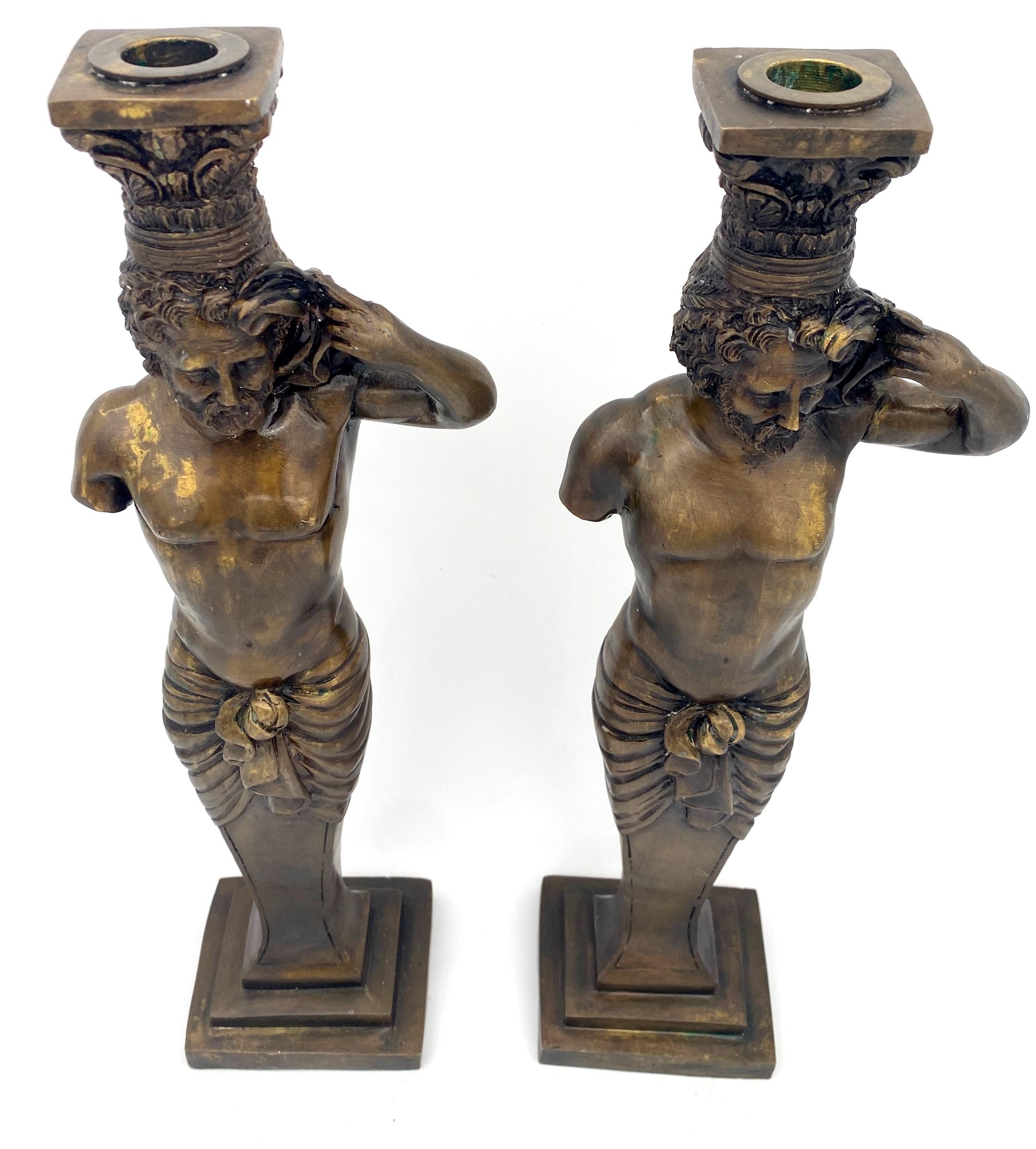 Large Pair of Grand Tour Style  Bronze Male Caryatid Column Candlesticks For Sale 4