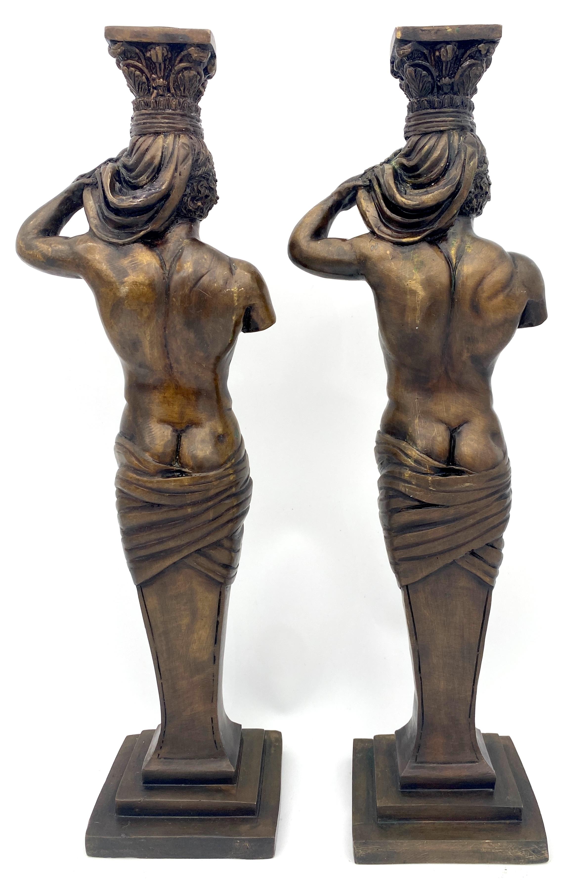Large Pair of Grand Tour Style  Bronze Male Caryatid Column Candlesticks For Sale 5
