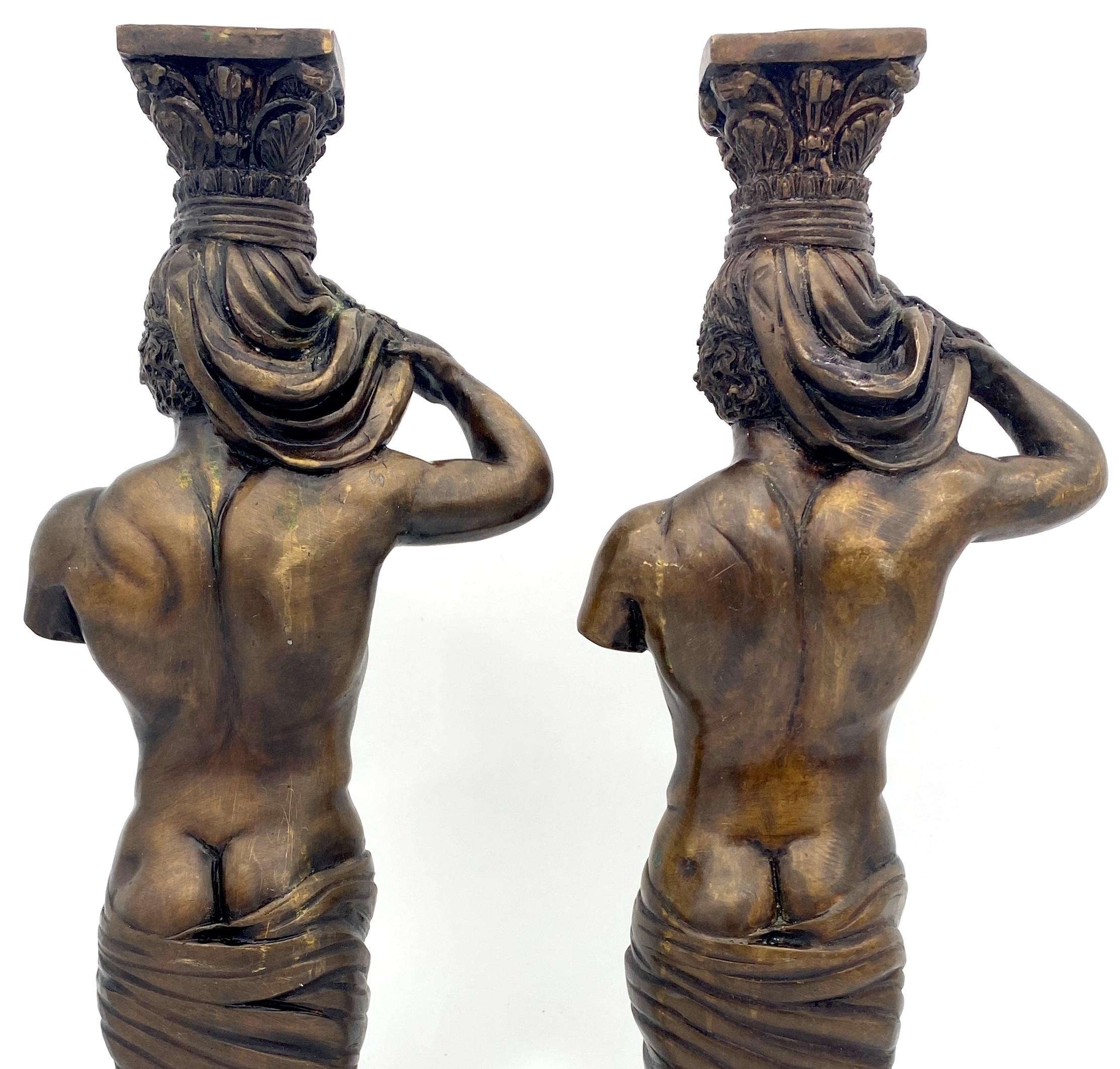 Large Pair of Grand Tour Style  Bronze Male Caryatid Column Candlesticks For Sale 6