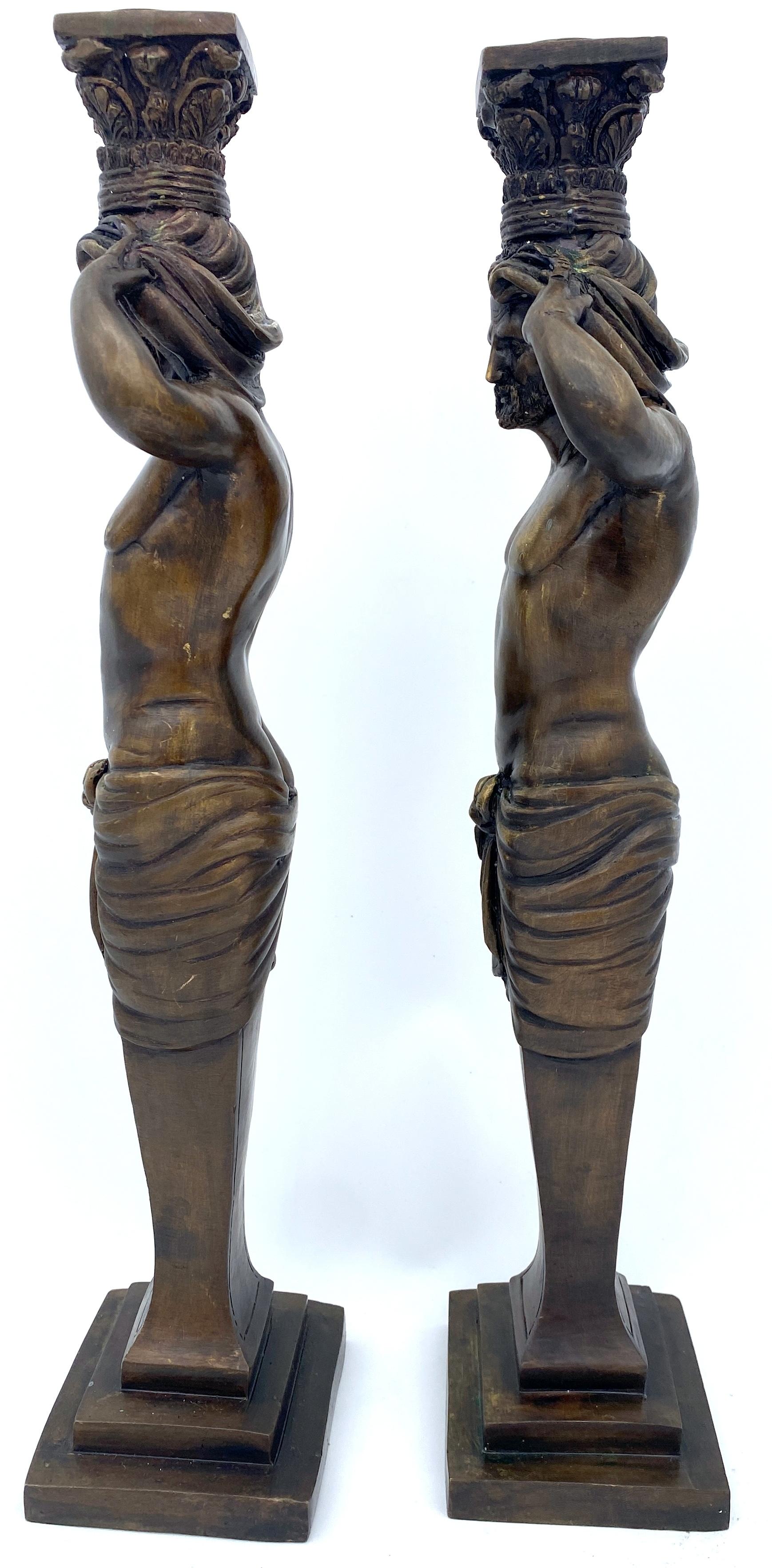 Large Pair of Grand Tour Style  Bronze Male Caryatid Column Candlesticks For Sale 7