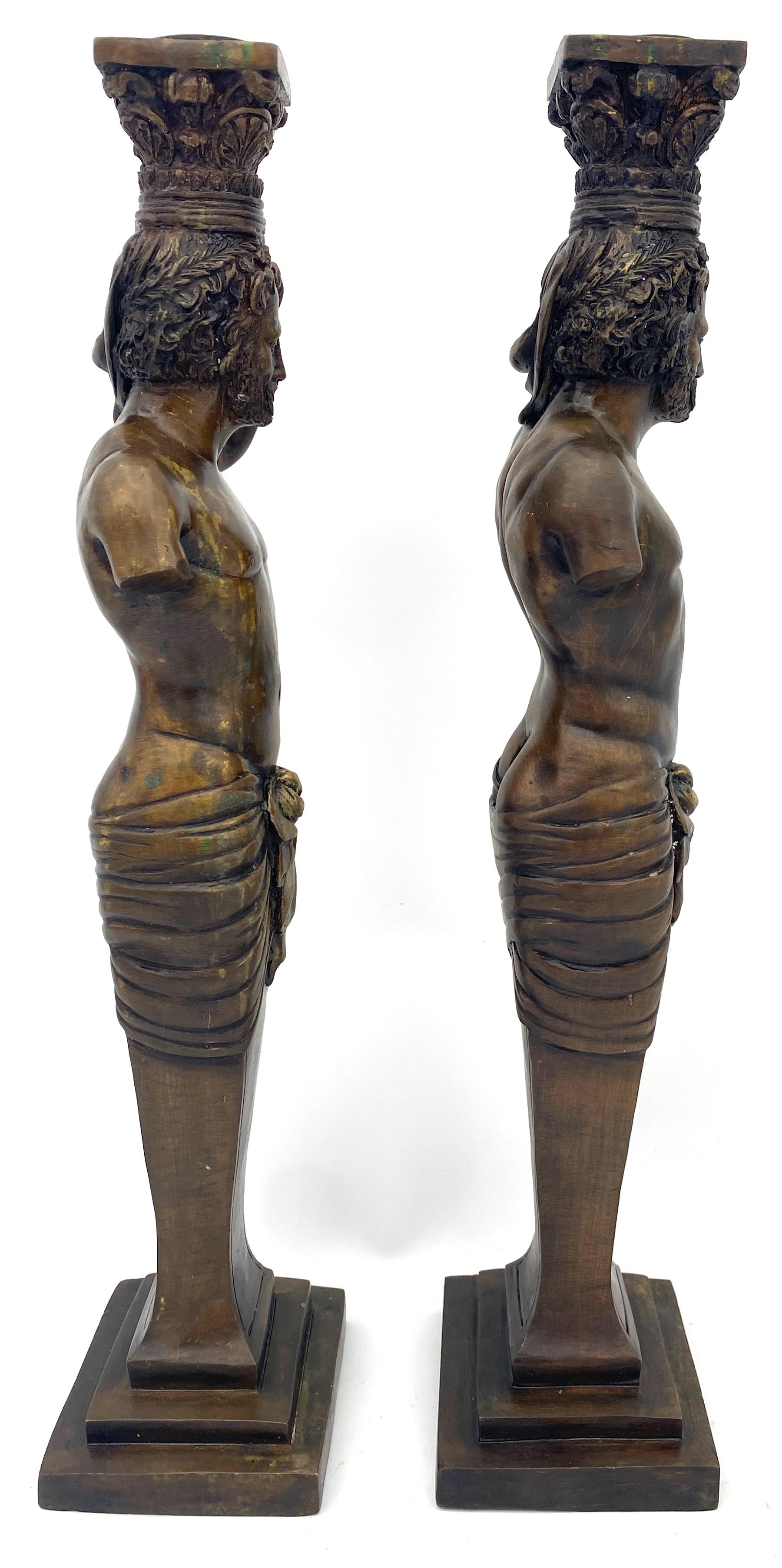 Large Pair of Grand Tour Style  Bronze Male Caryatid Column Candlesticks For Sale 8