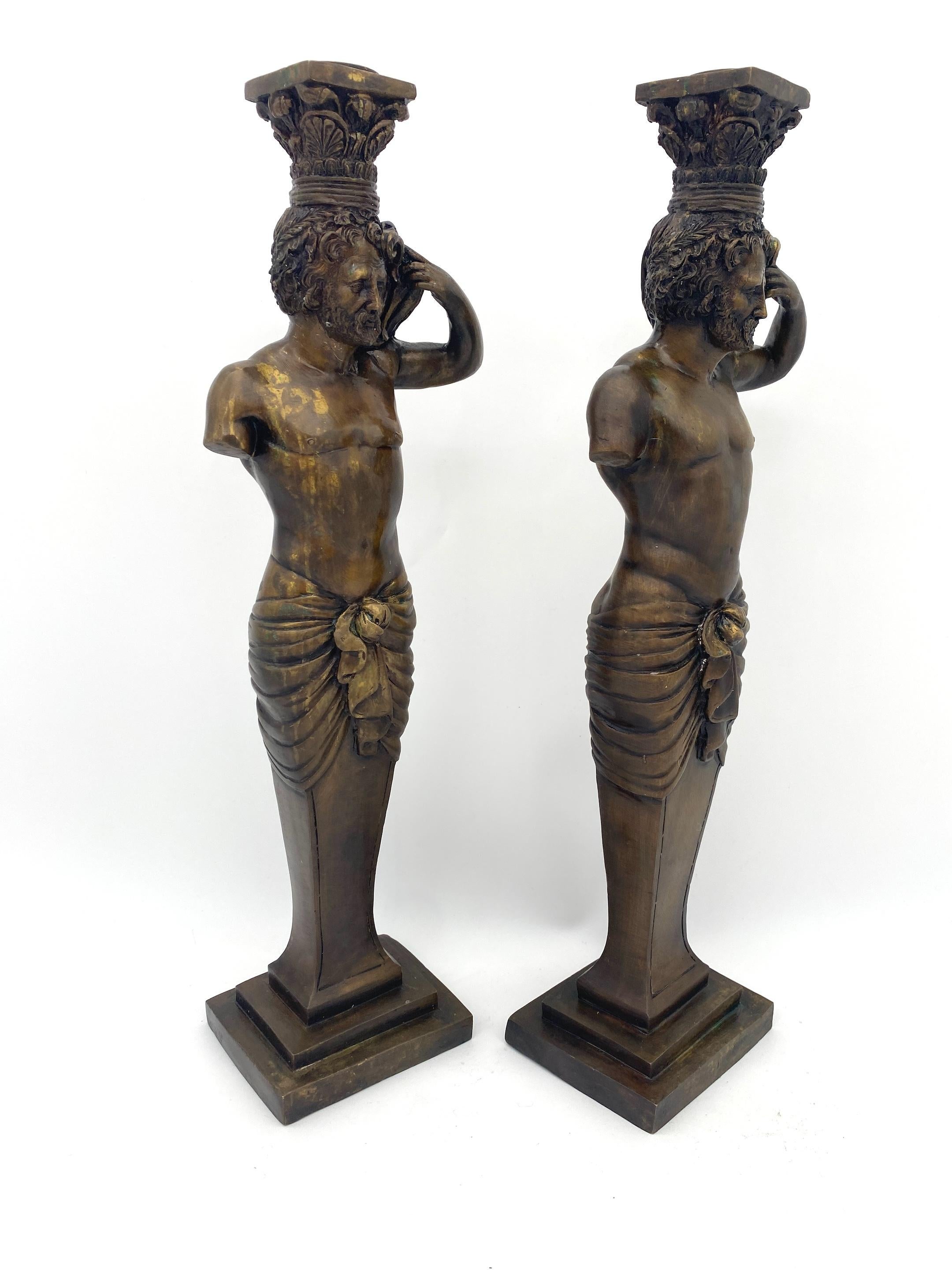 Large Pair of Grand Tour Style  Bronze Male Caryatid Column Candlesticks For Sale 9