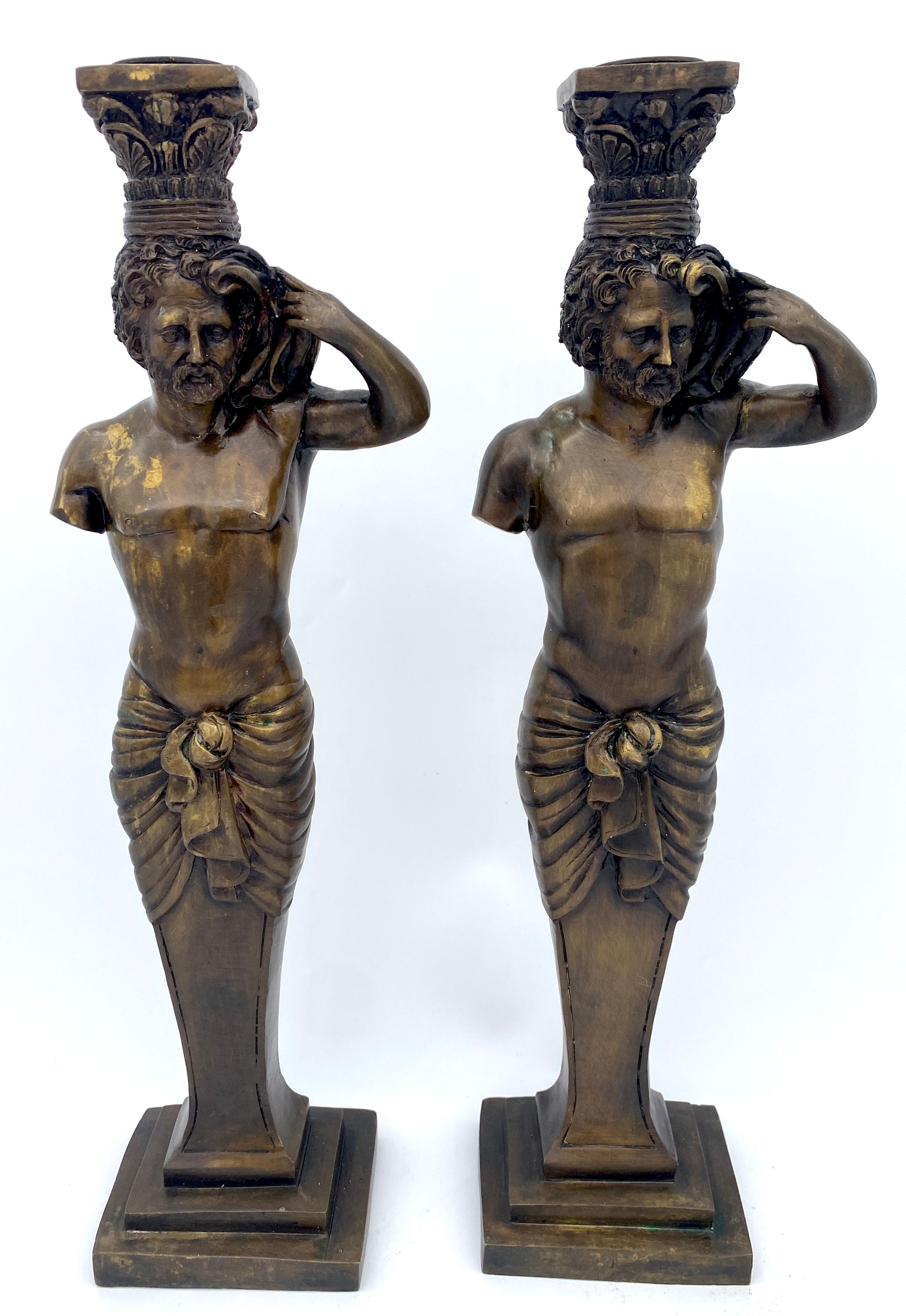 Large Pair of Grand Tour Style  Bronze Male Caryatid Column Candlesticks For Sale 10