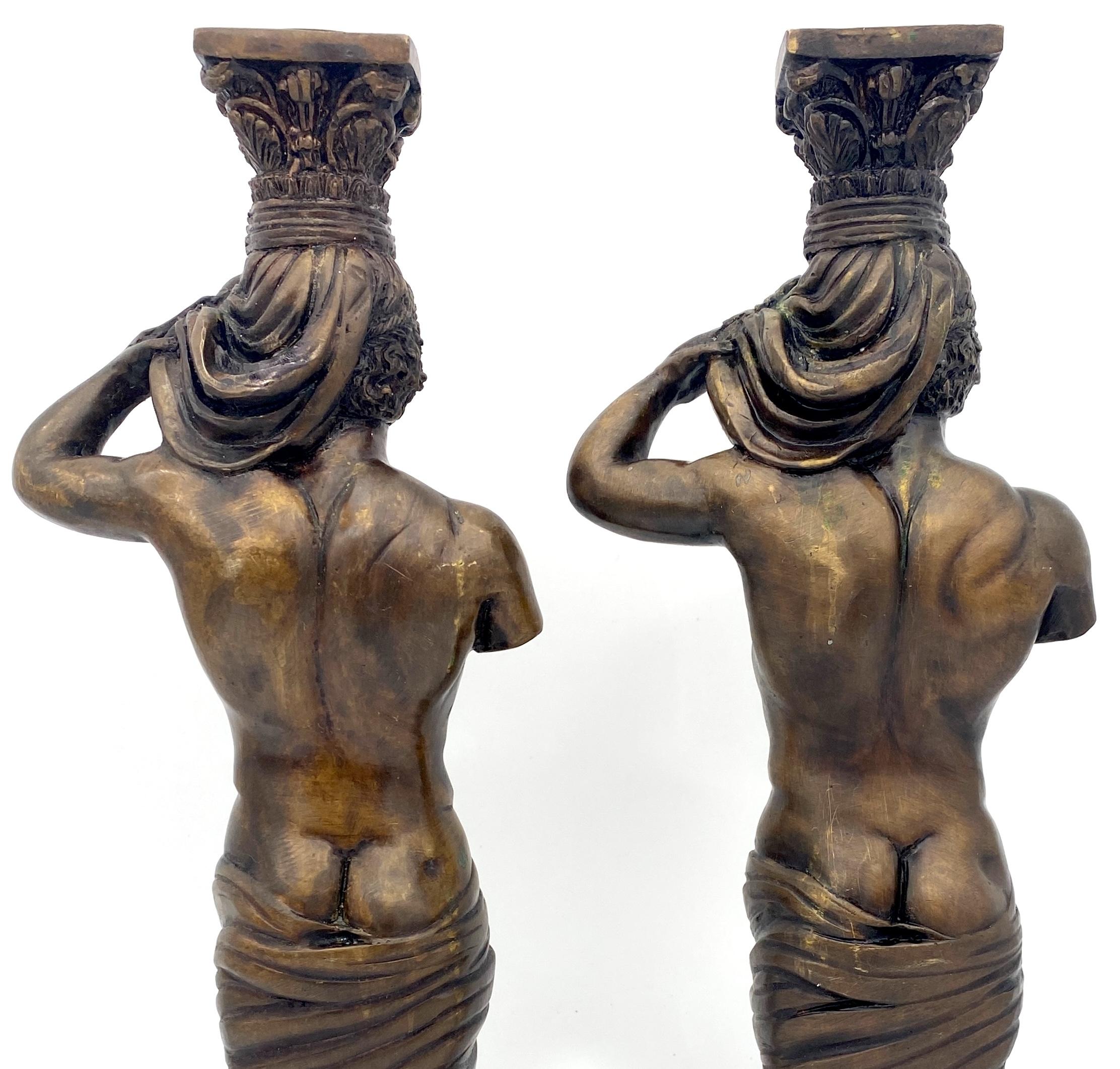 Large Pair of Grand Tour Style  Bronze Male Caryatid Column Candlesticks For Sale 11