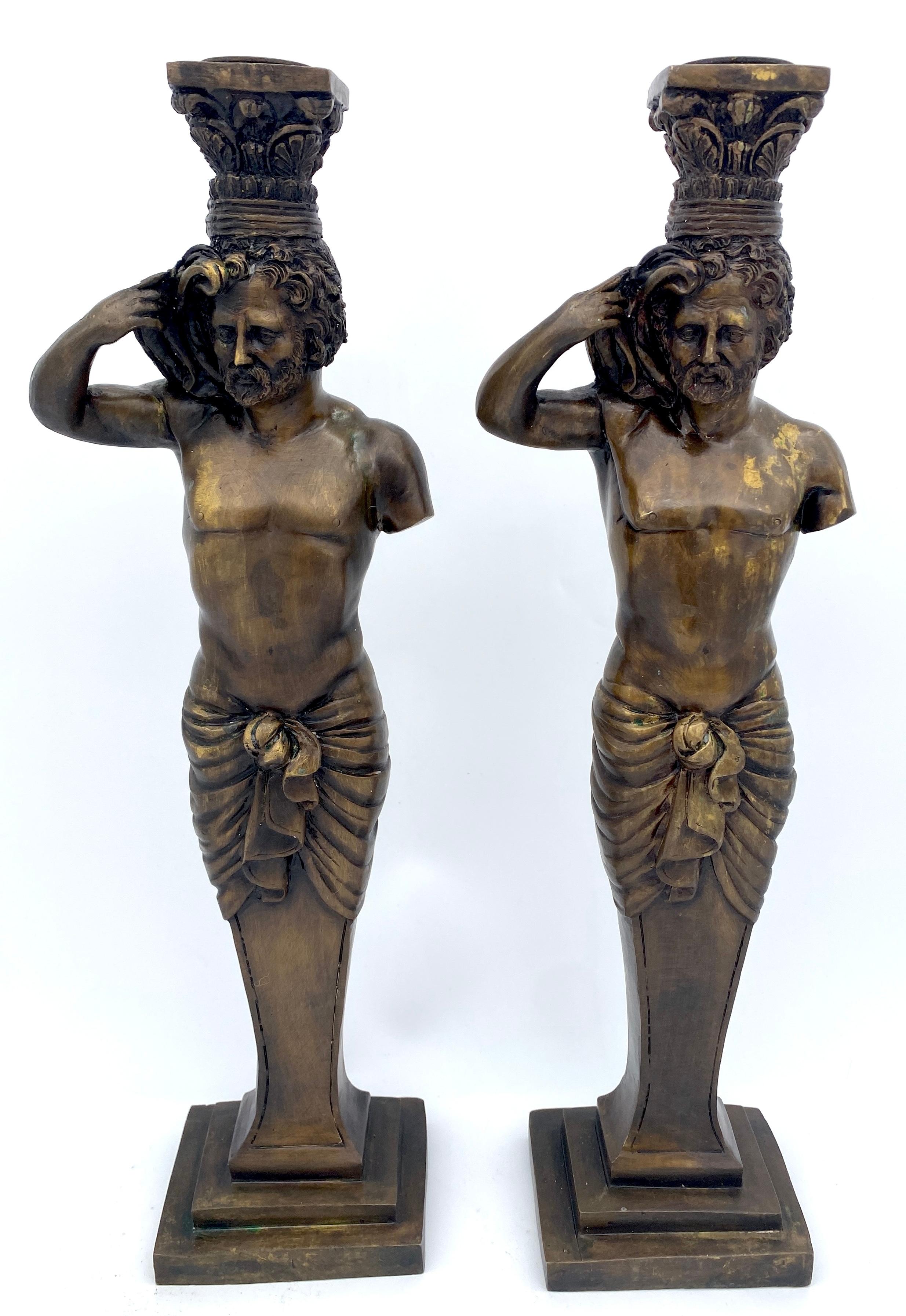 Large Pair of Grand Tour Style  Bronze Male Caryatid Column Candlesticks For Sale 12