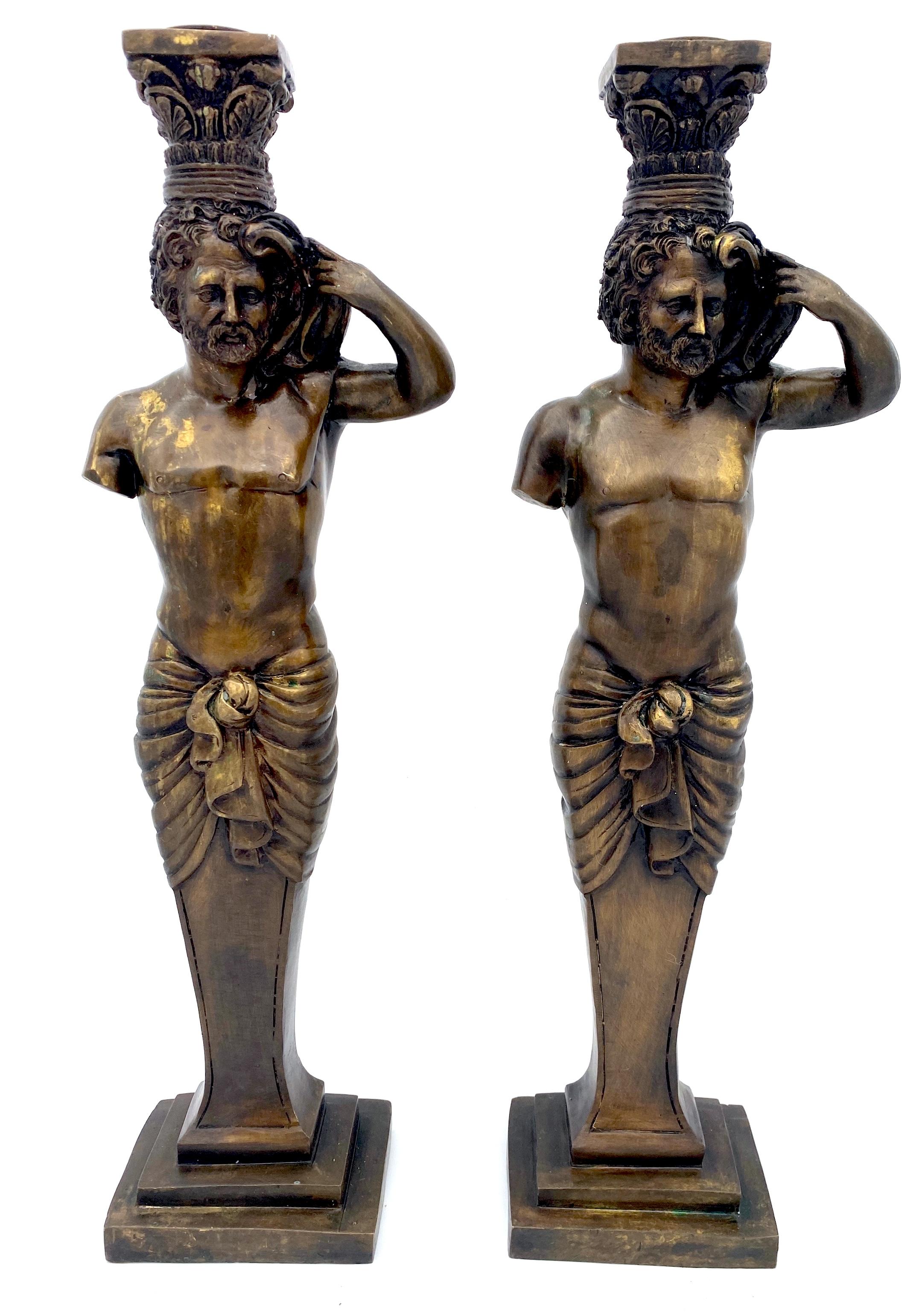 Italian Large Pair of Grand Tour Style  Bronze Male Caryatid Column Candlesticks For Sale