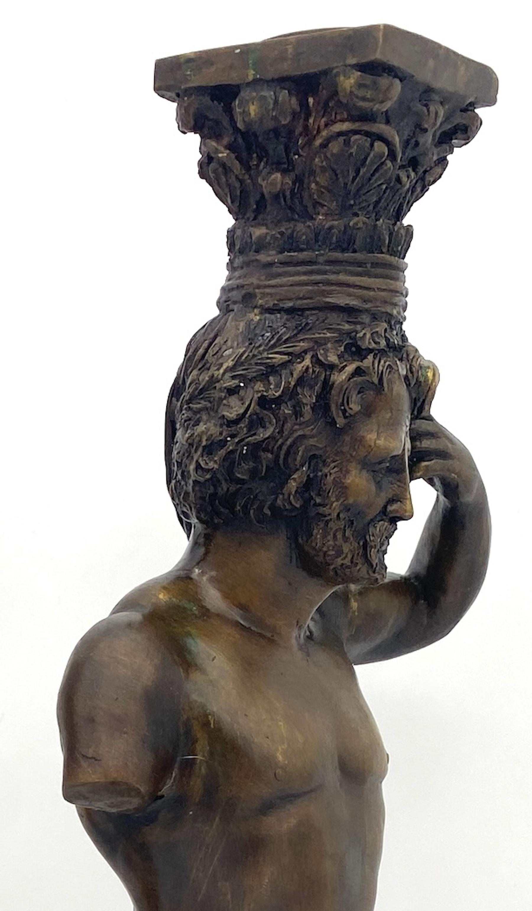 Large Pair of Grand Tour Style  Bronze Male Caryatid Column Candlesticks In Good Condition For Sale In West Palm Beach, FL