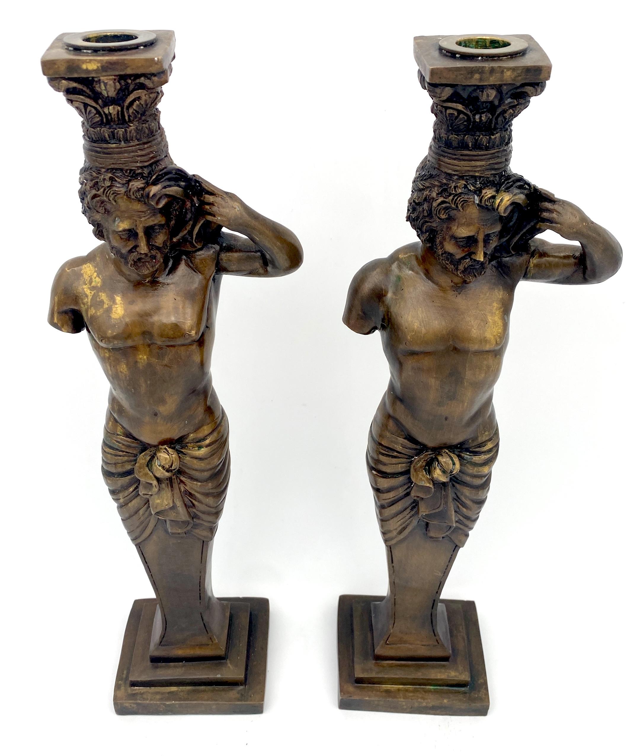 Large Pair of Grand Tour Style  Bronze Male Caryatid Column Candlesticks For Sale 1