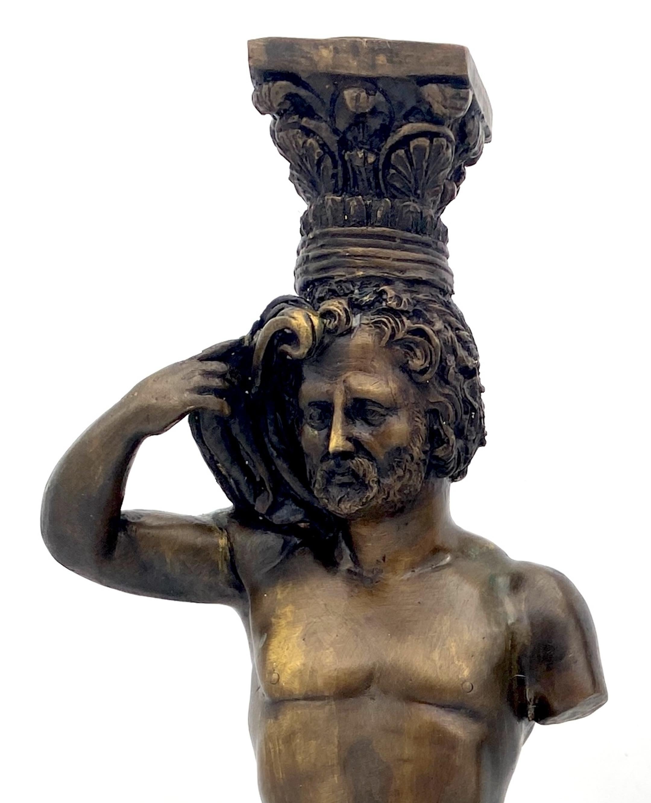 Large Pair of Grand Tour Style  Bronze Male Caryatid Column Candlesticks For Sale 2