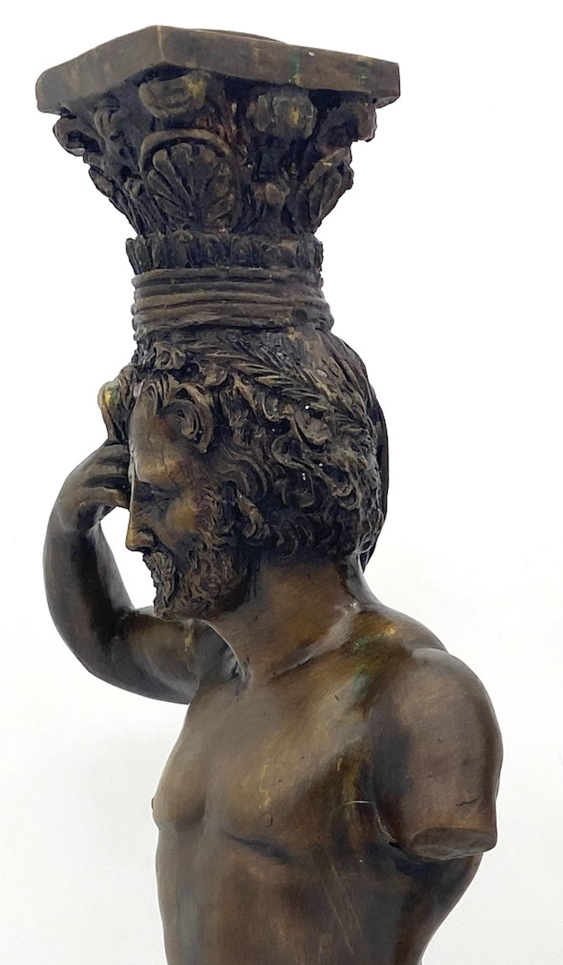 Large Pair of Grand Tour Style  Bronze Male Caryatid Column Candlesticks For Sale 3