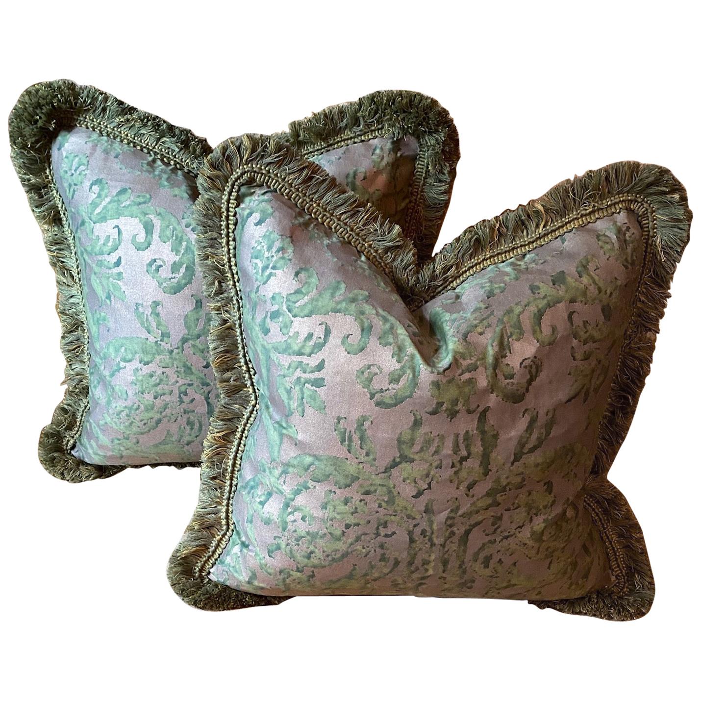 Large Pair of Green Fortuny Cushions, 'Farnese Pattern'