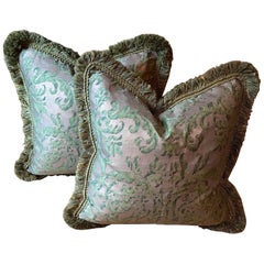 Large Pair of Green Fortuny Cushions, 'Farnese Pattern'