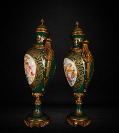 Large Pair of Green Porcelain and Gilt Bronze Covered Urns, France, circa 1900
