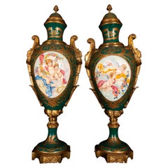 Large Pair of Green Porcelain and Gilt Bronze Covered Urns, France, circa 1900