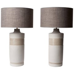 Large Pair of Grey Ceramic Base Lamps Signed by Dalo
