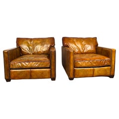 Large Pair of Halo Viscount Williams Leather Club Armchairs Hand Dyed Tan #580