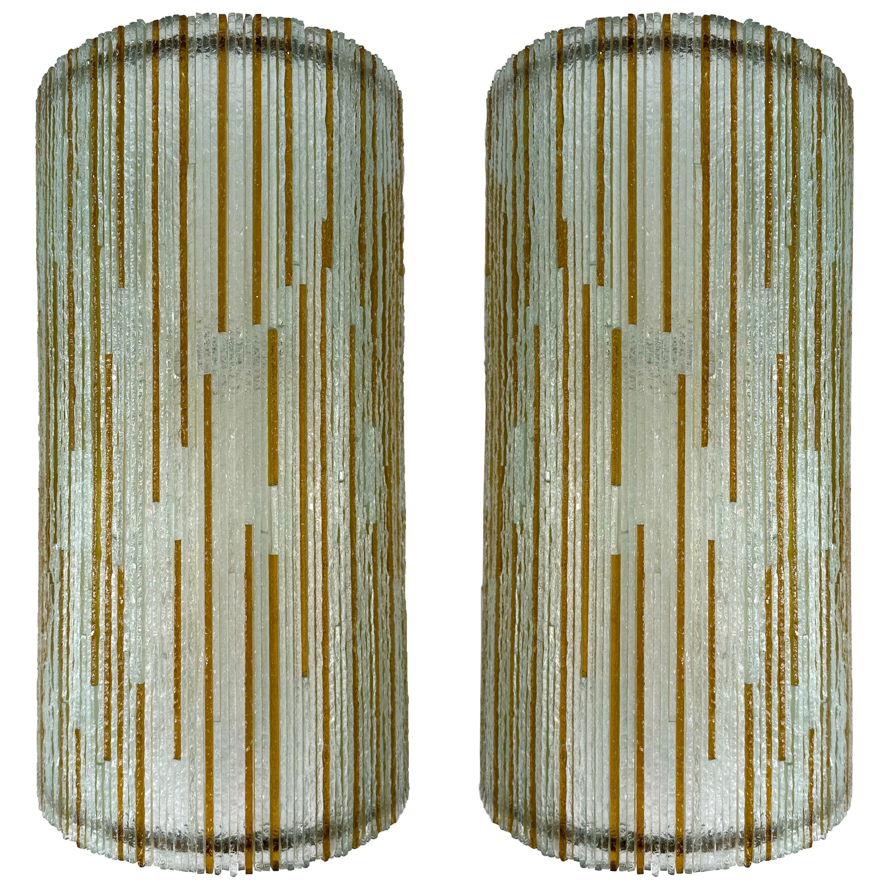 Large Pair of Hammered Amber Glass Ice Sconces by Biancardi. Italy, 1970s For Sale