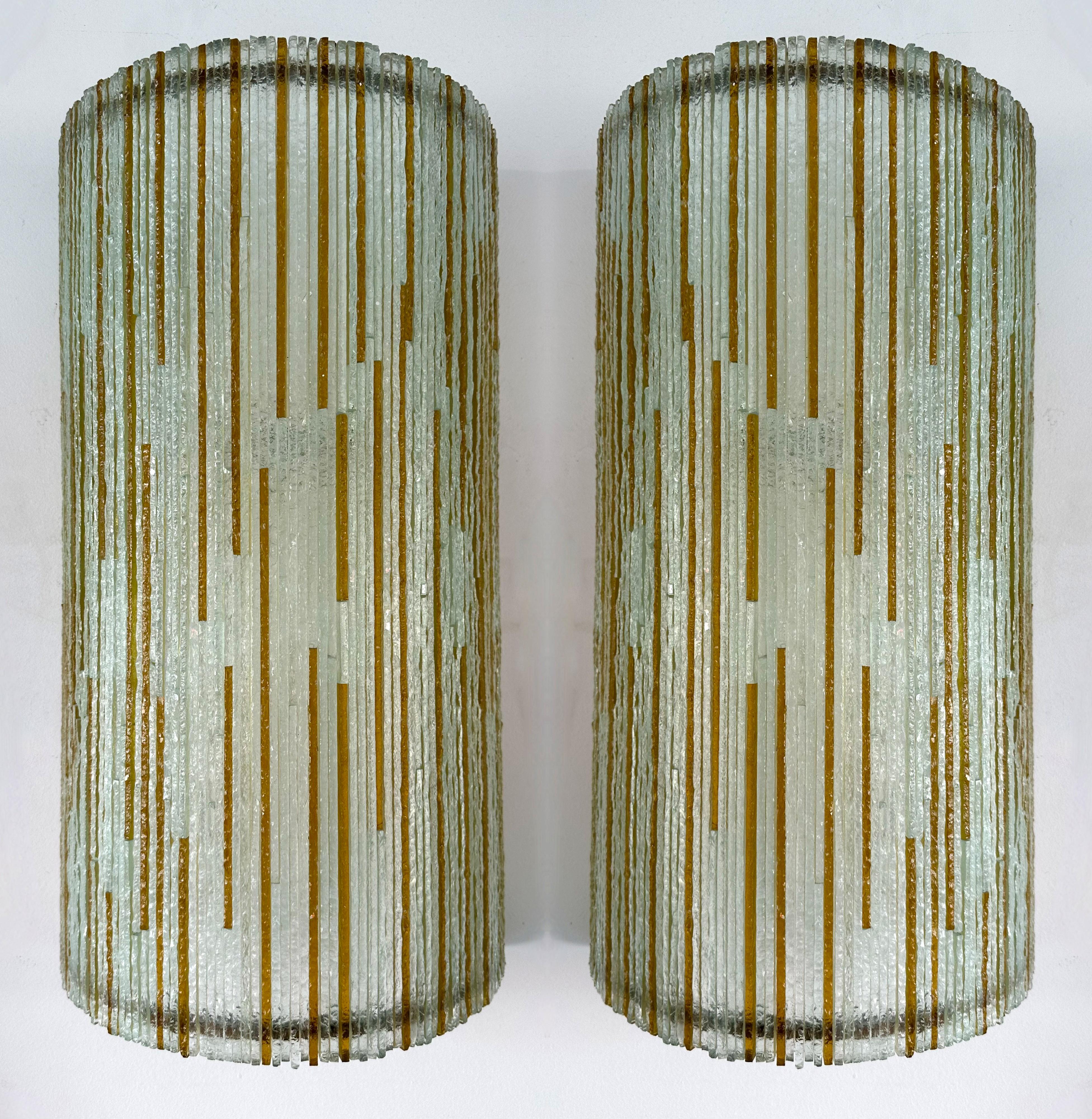 Large Pair of Hammered Amber Glass Ice Sconces by Poliarte, Italy, 1970s For Sale 5