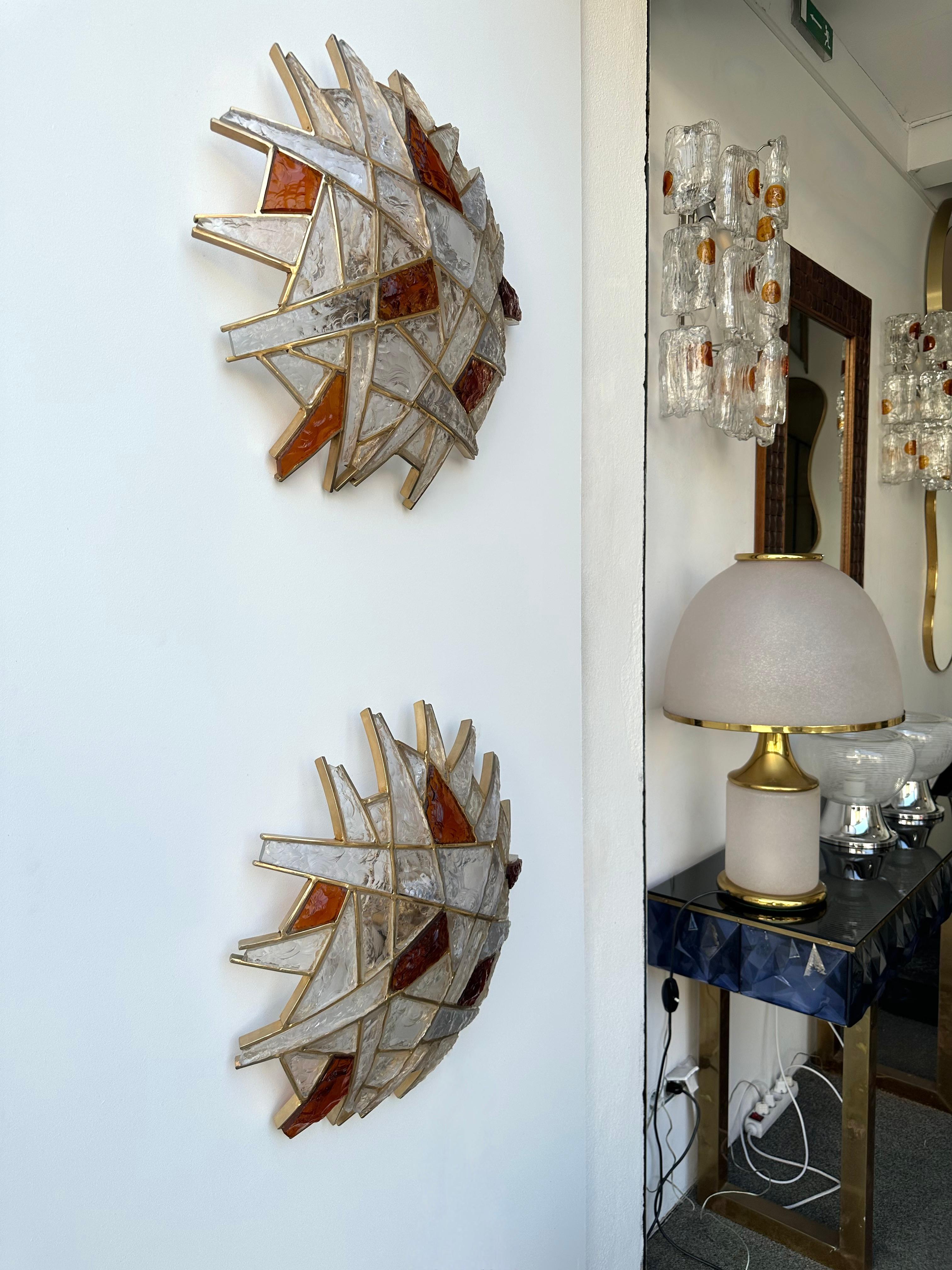 Large Pair of Hammered Glass Gilt Wrought Iron Sconces by Longobard, Italy 1970s For Sale 5
