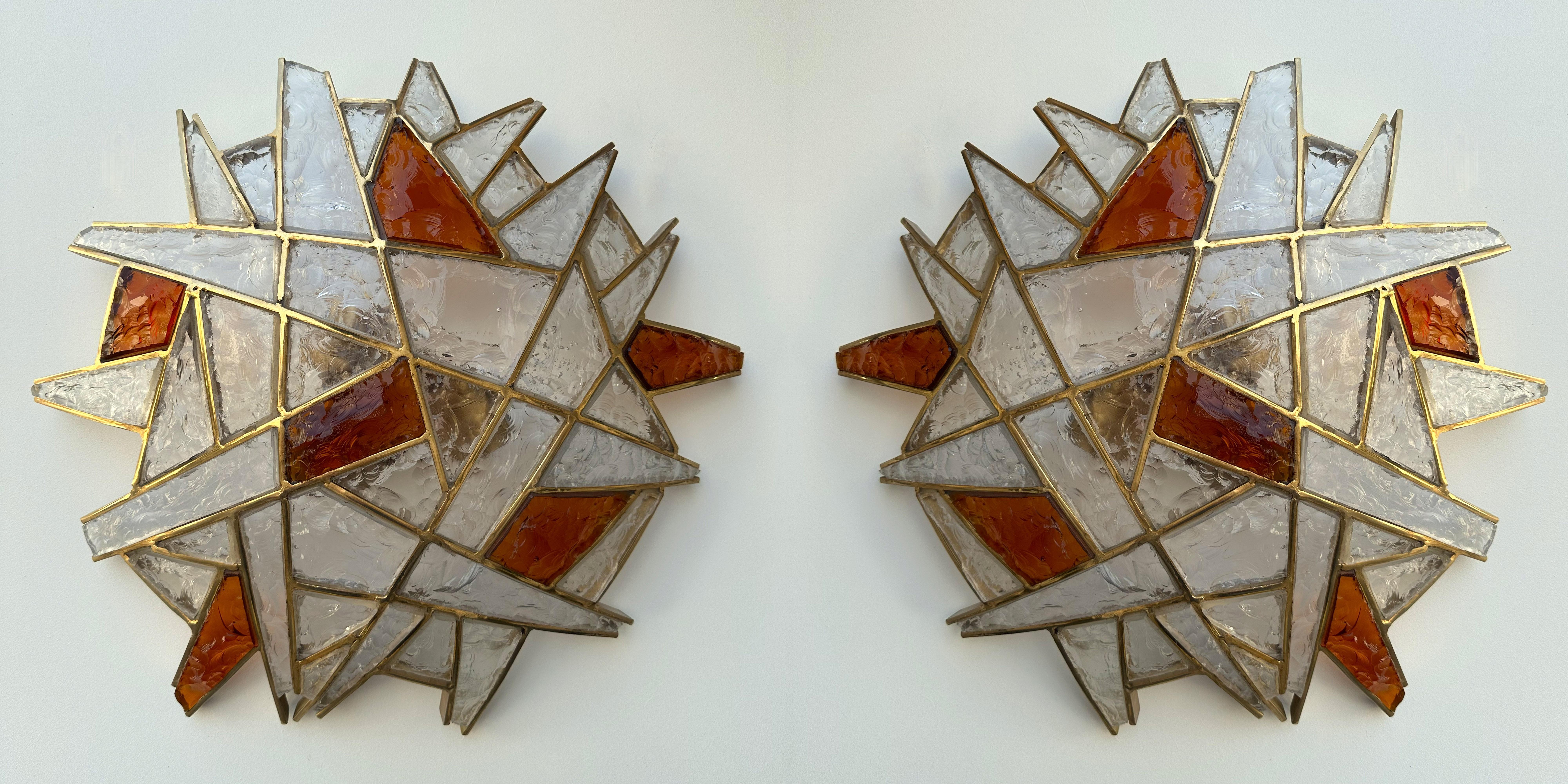 Large Pair of Hammered Glass Gilt Wrought Iron Sconces by Longobard, Italy 1970s For Sale 1