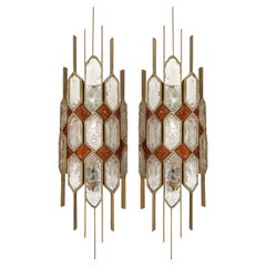 Large Pair of Hammered Glass Gilt Wrought Iron Sconces by Longobard, Italy 1970s