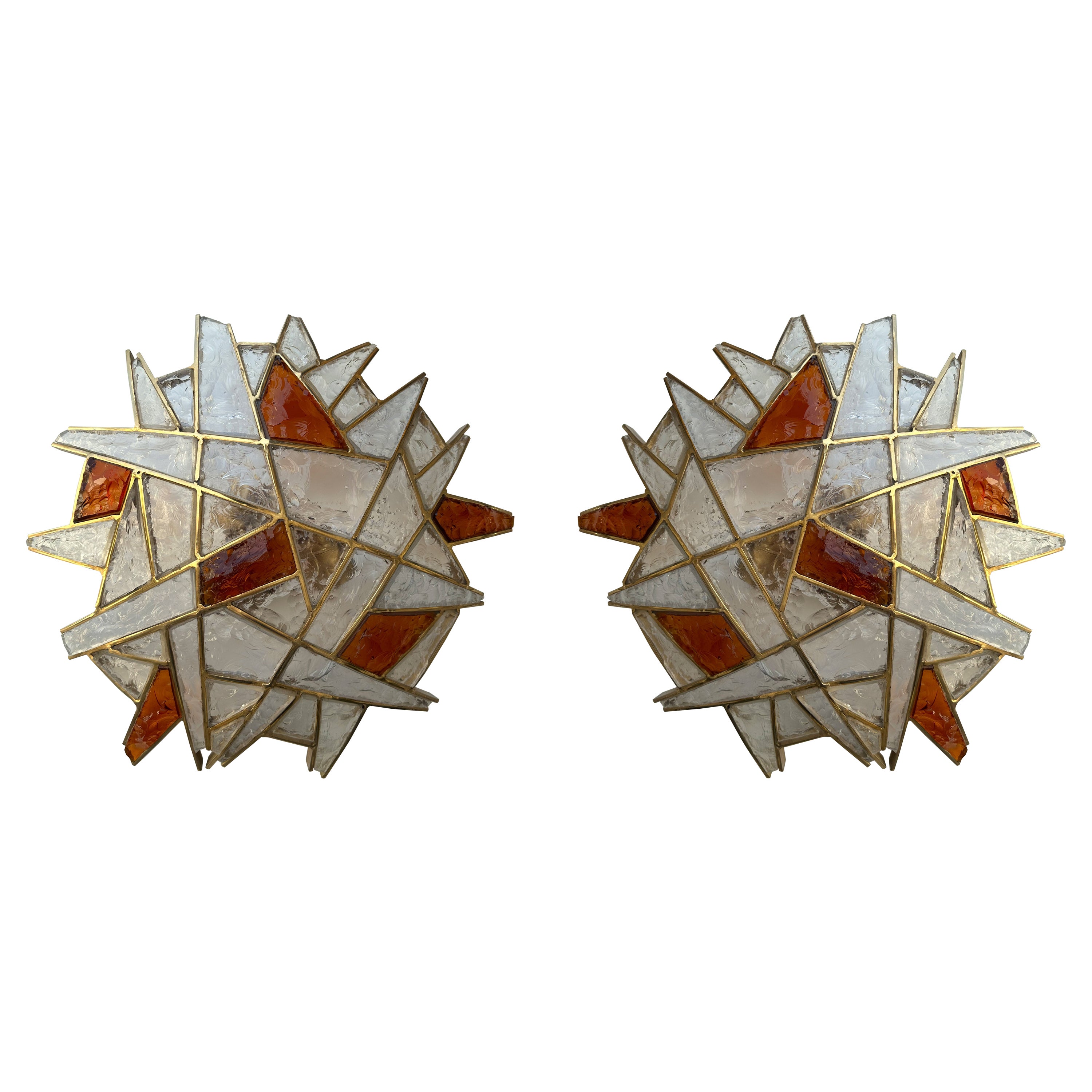 Paire de grandes appliques en verre martelé et fer forgé doré de Longobard, Italie, années 1970